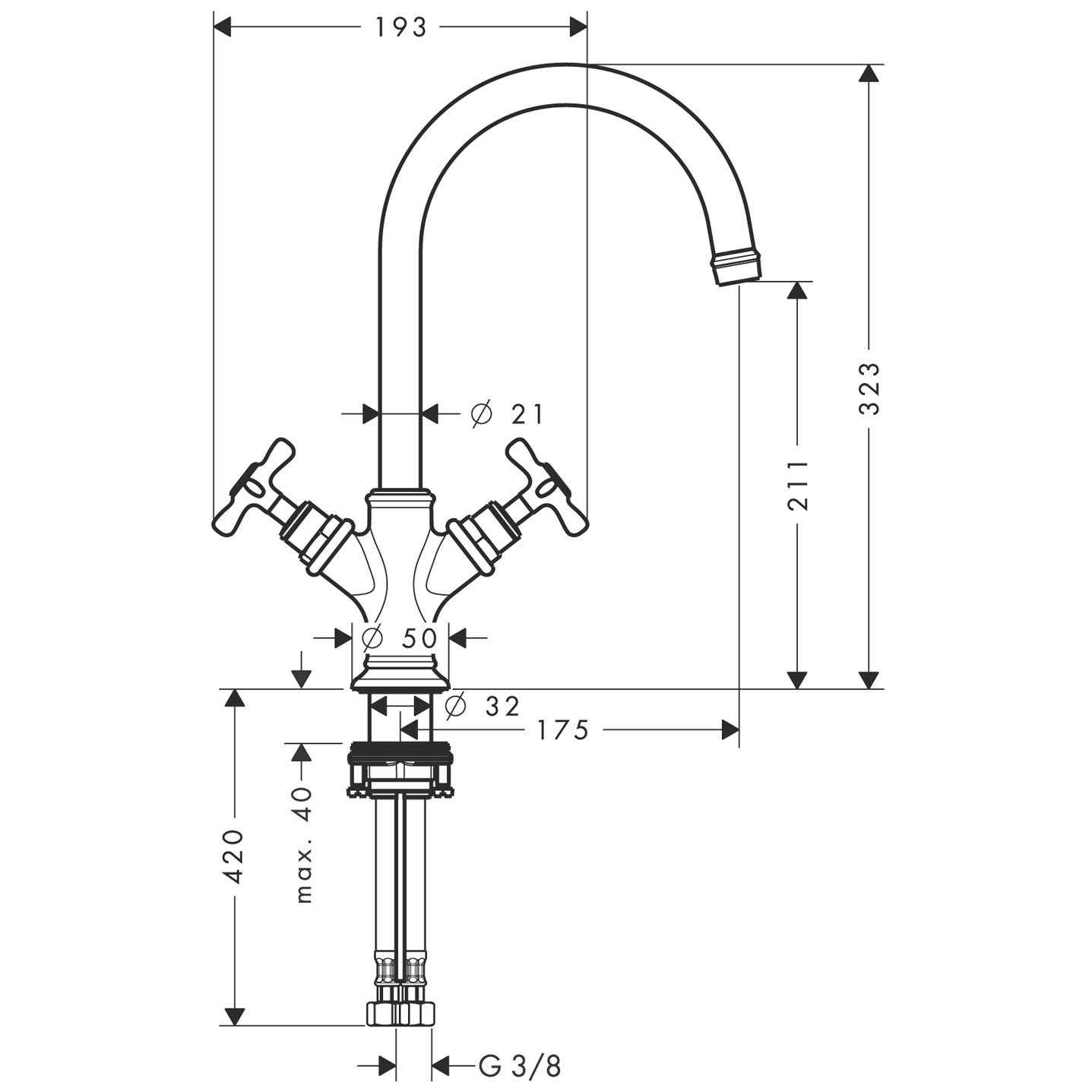 16502000 AXOR Montreux 2 handle basin mixer 210 with pop up waste