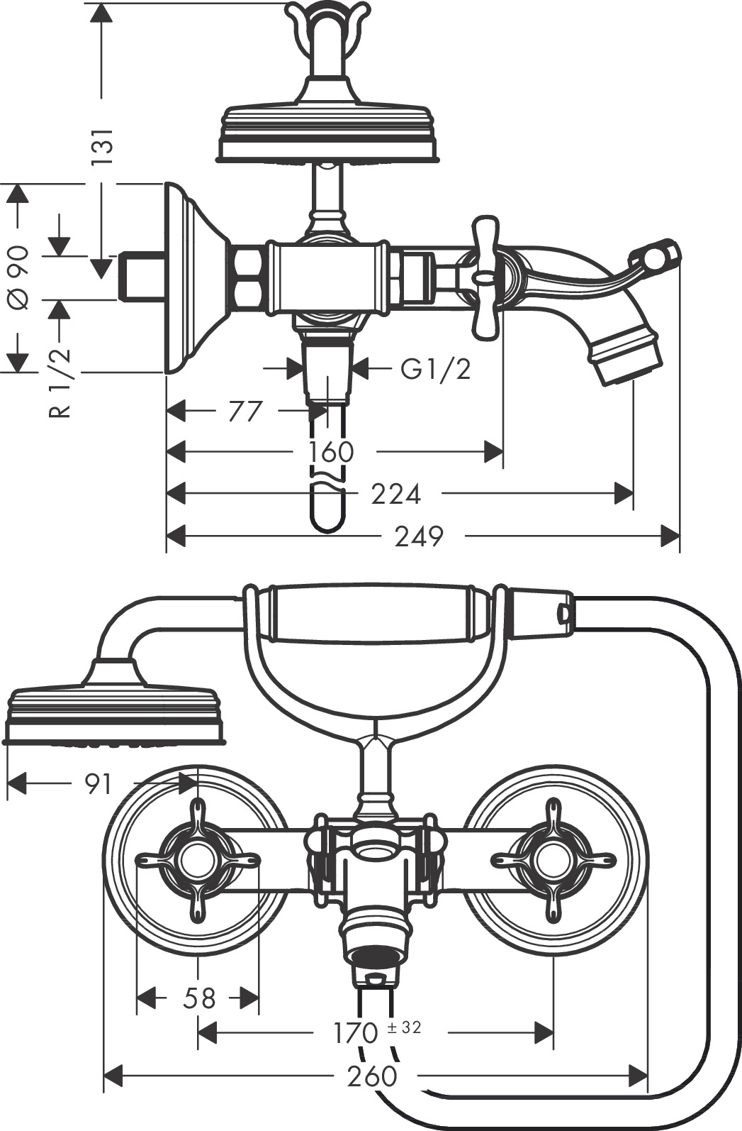 16540000 AXOR Montreux 2 handle manual bath and shower mixer for exposed installation