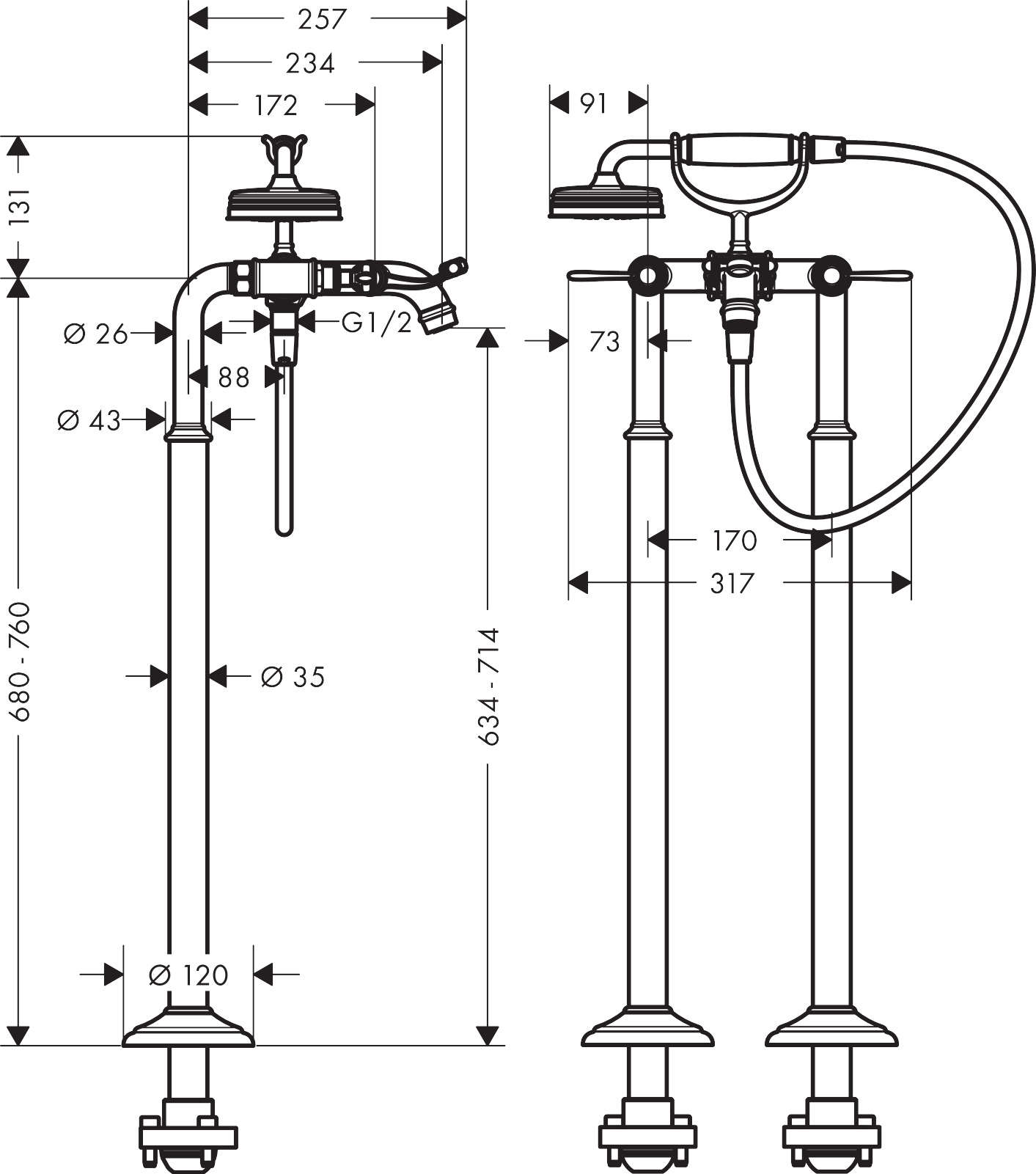 16553000 AXOR Montreux Floor standing 2 handle bath mixer with lever handles