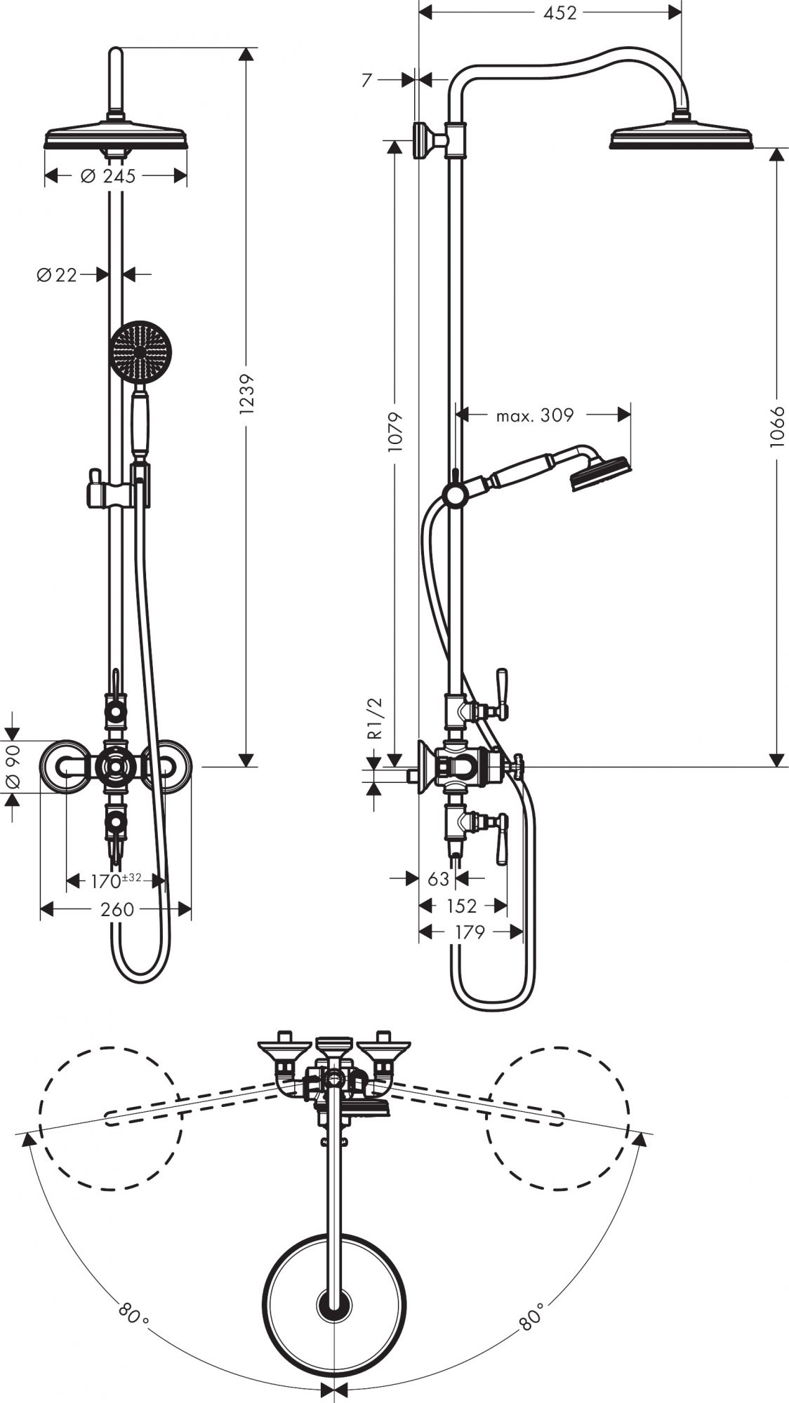 16572000 AXOR Montreux AXOR Montreux Showerpipe with thermostatic mixer and 1jet overhead shower and lever handles