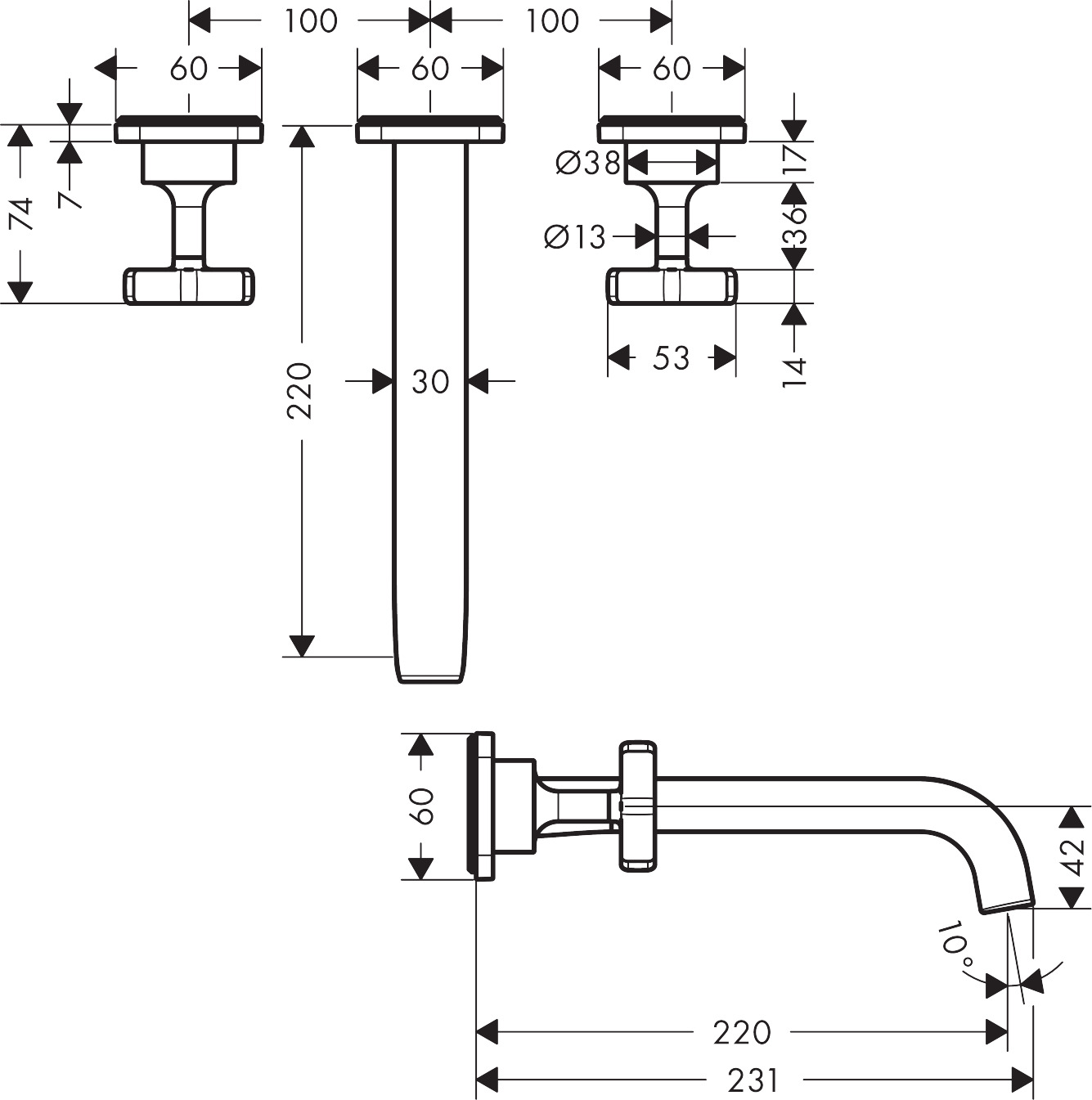 36107000 AXOR Citterio E 3 hole basin mixer for concealed installation with escutcheons, wall mounted