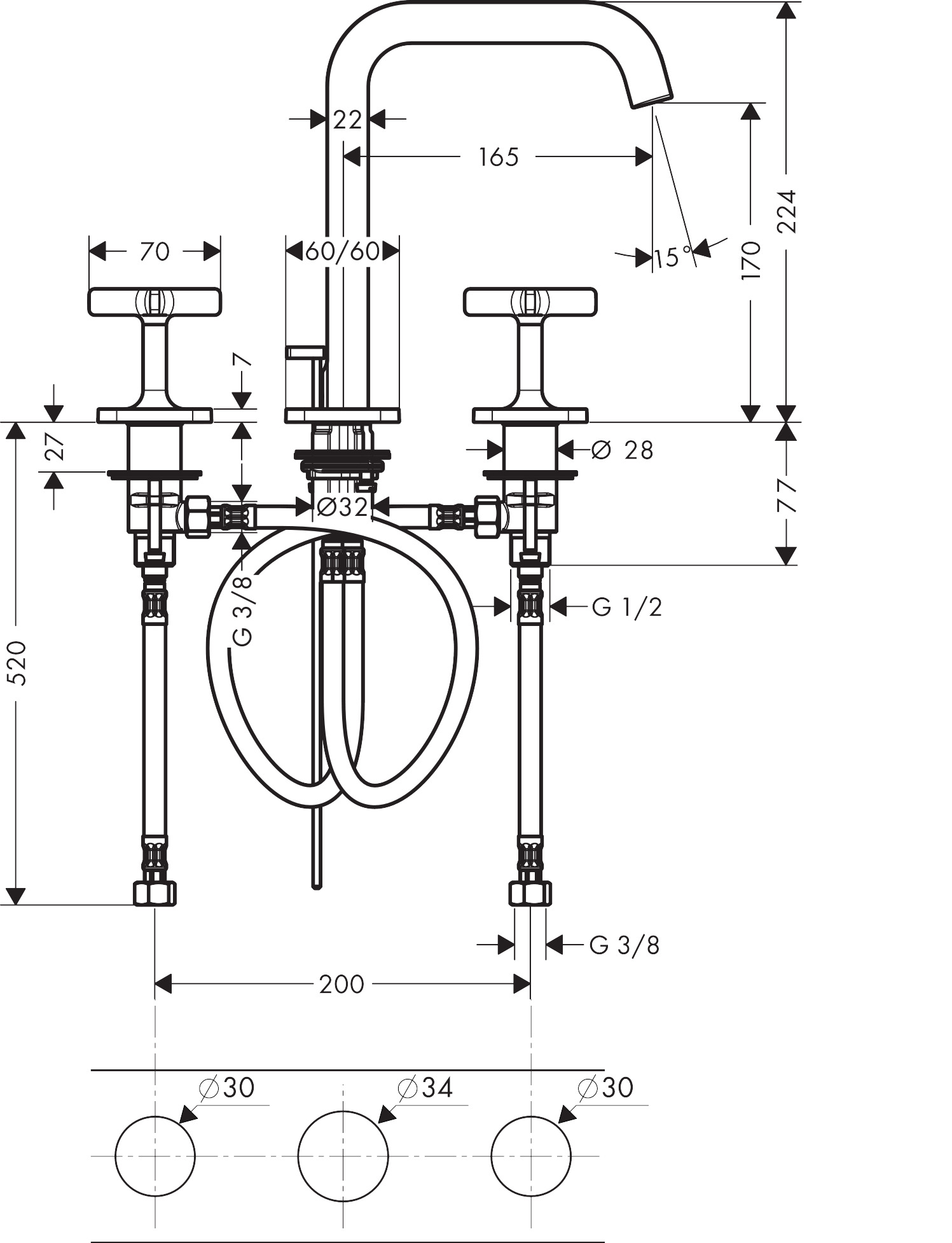 36108000 AXOR Citterio E 3 hole basin mixer with 170 pop up waste and escutcheons