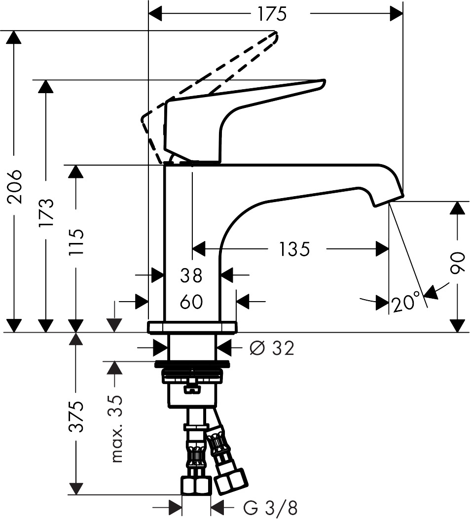 36112000 AXOR Citterio E Single lever basin mixer 90 with lever handle without waste for cloakroom basins