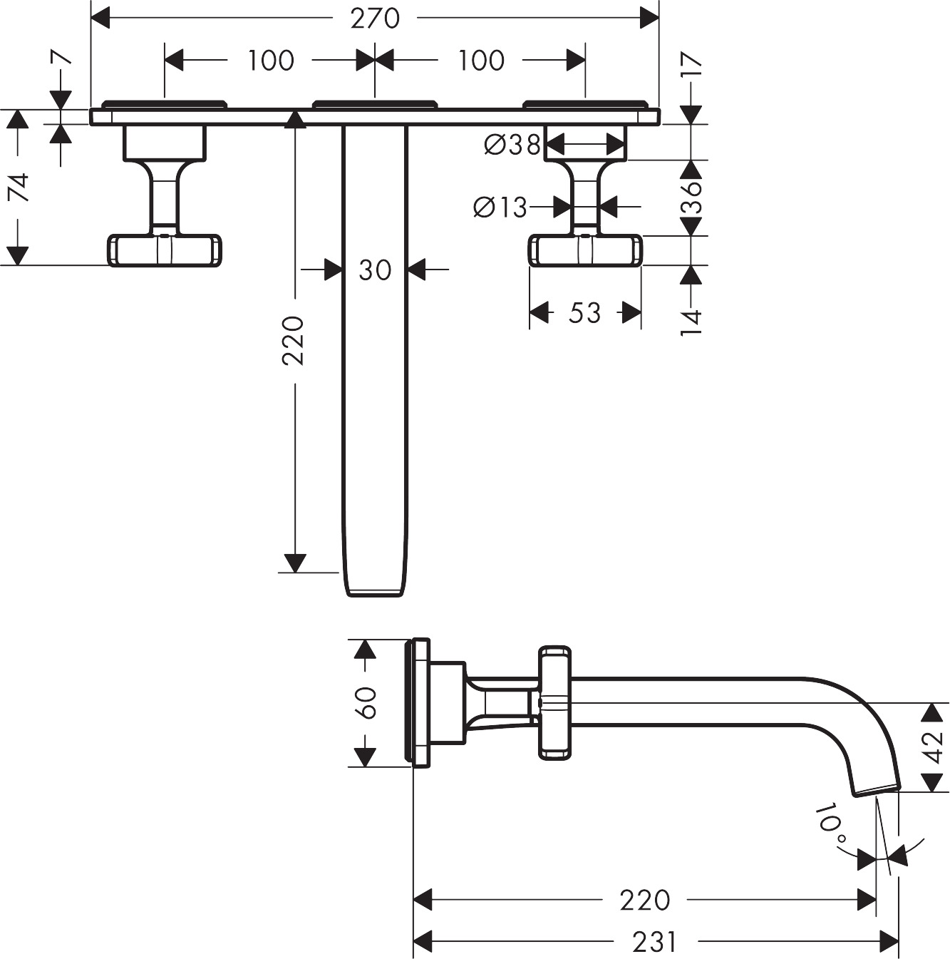 36115000 AXOR Citterio E 3 hole basin mixer for concealed installation with plate, wall mounted