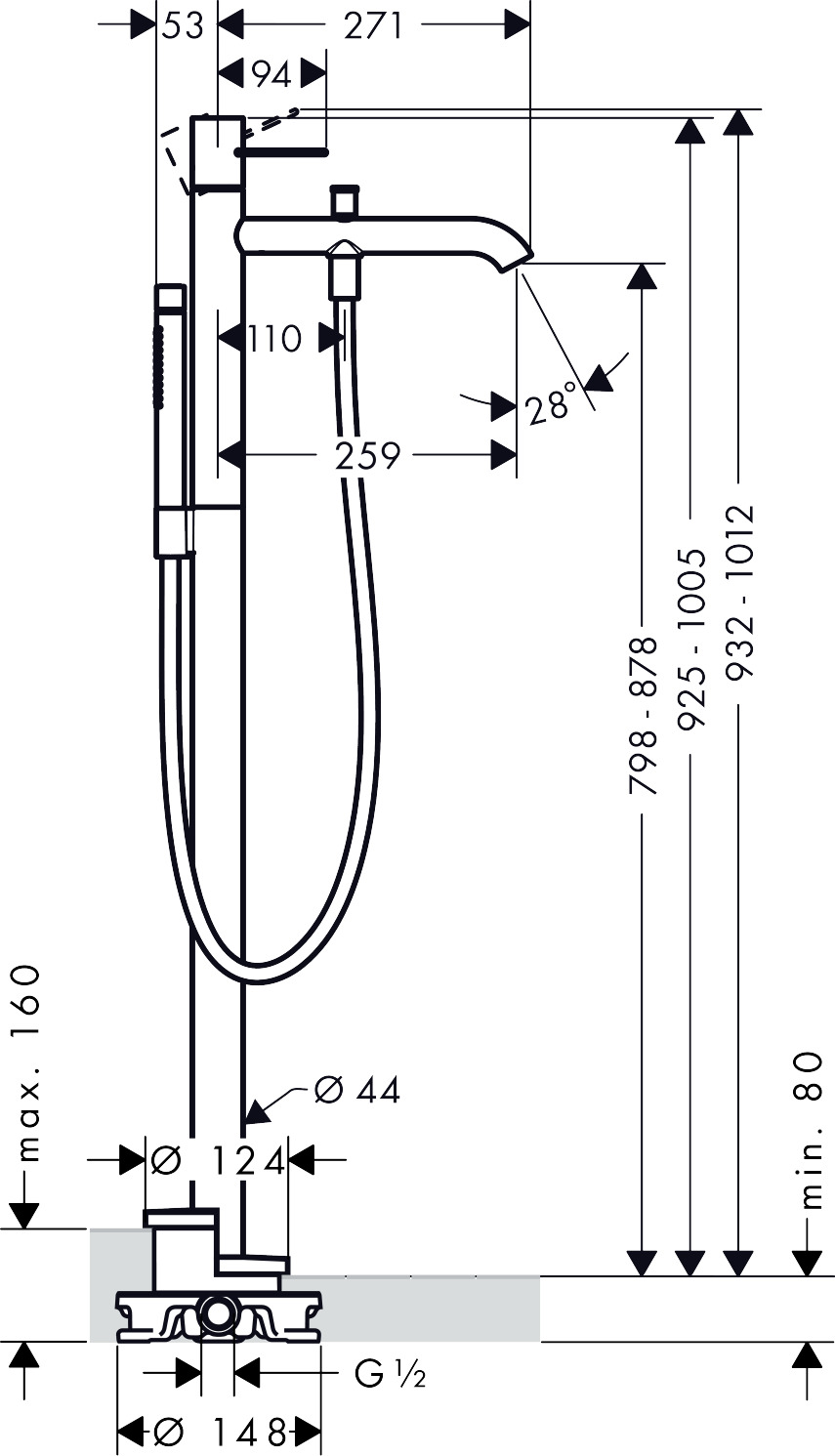 38442000 AXOR Uno Floor standing single lever bath mixer loop handle