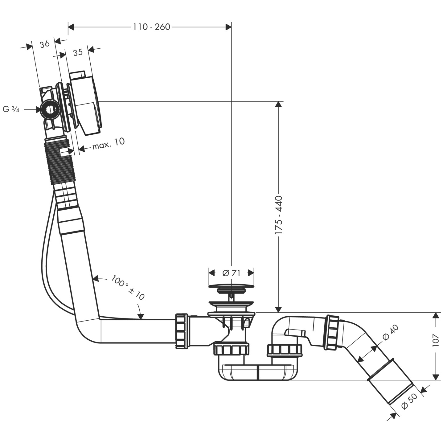 58113000 Exafill S Complete set bath filler, waste and overflow set for standard bathtubs