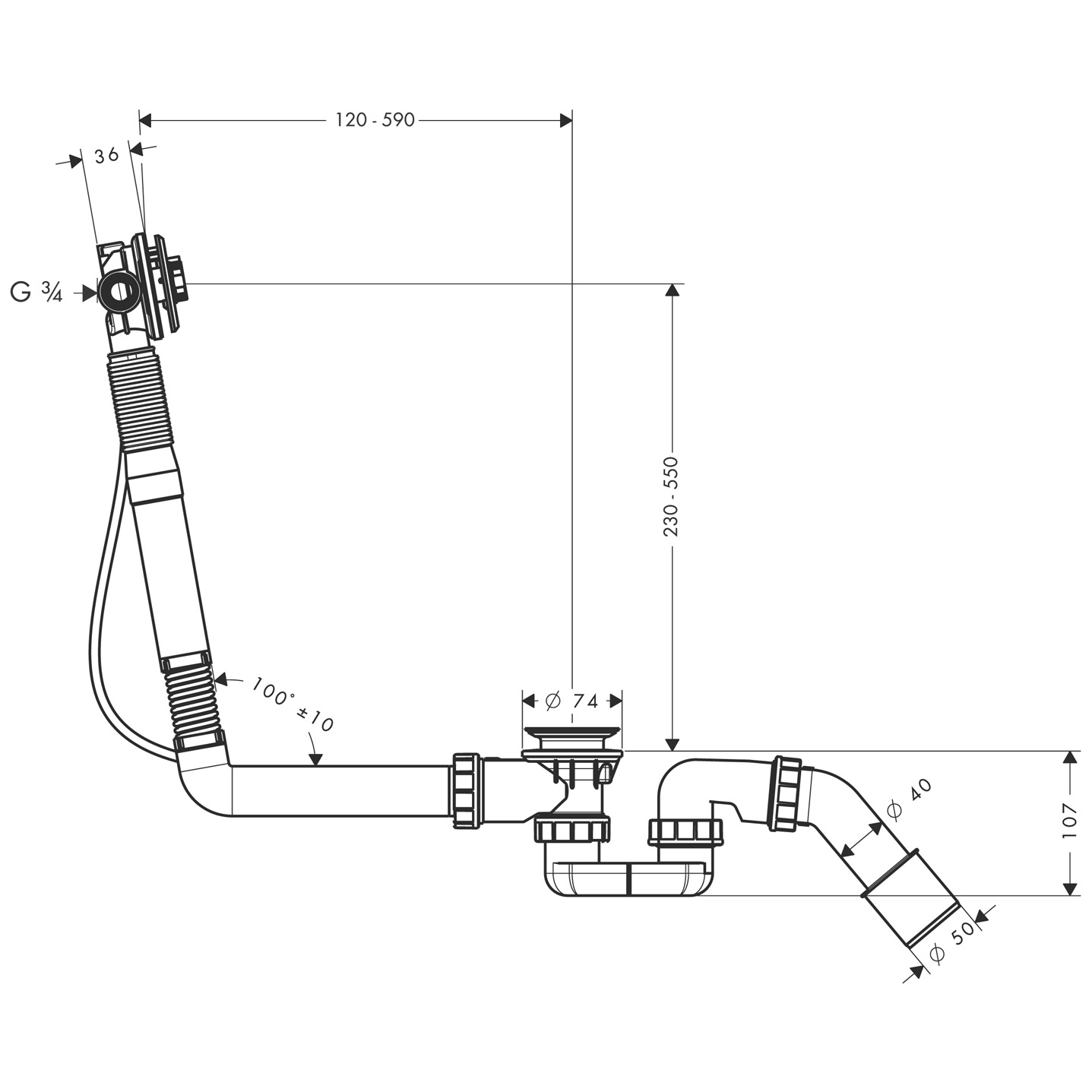 58116180 Exafill S Basic set for bath filler with waste and overflow set for large bathtubs