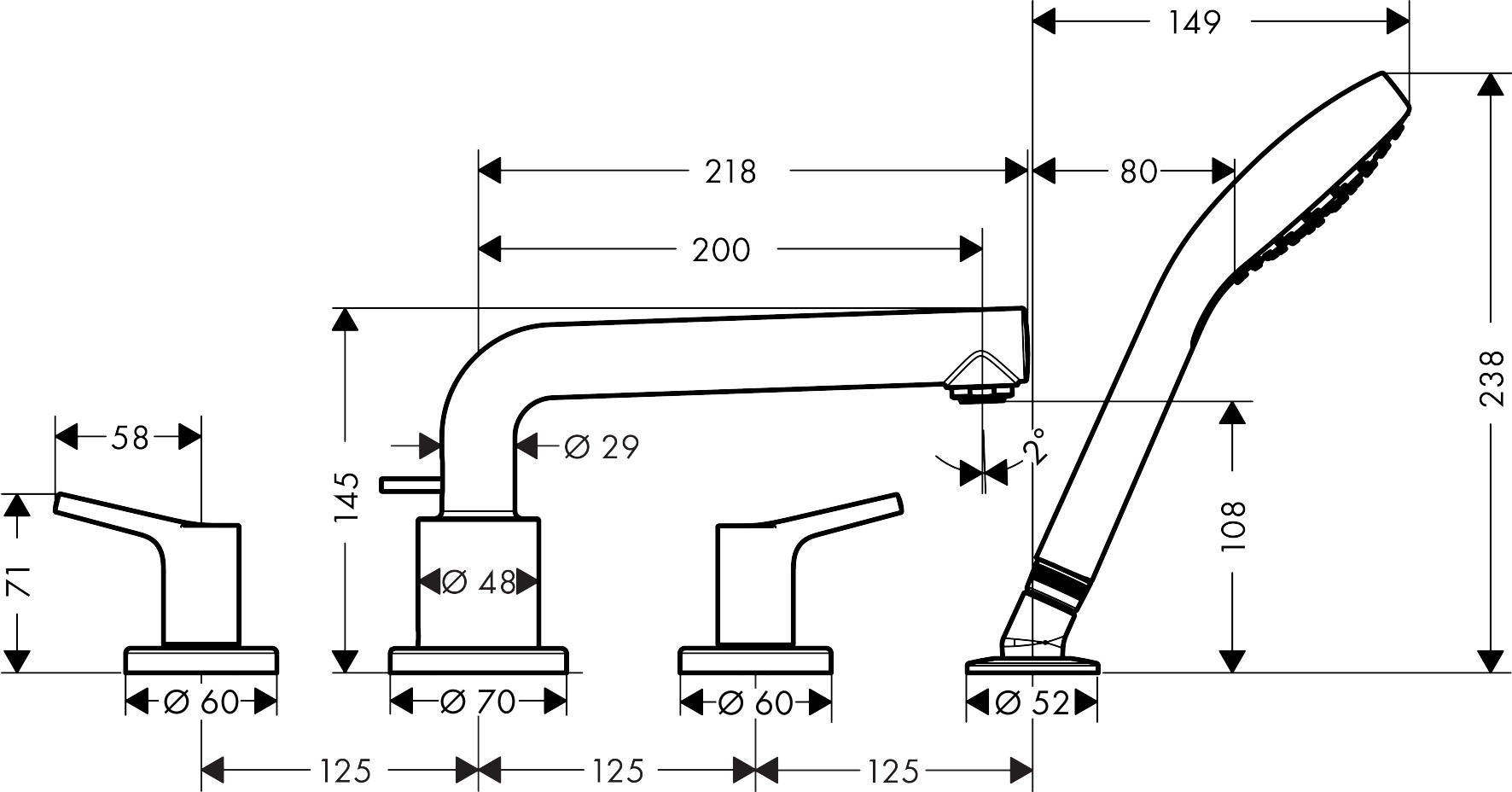 72419000 Talis S 4 hole rim mounted bath mixer