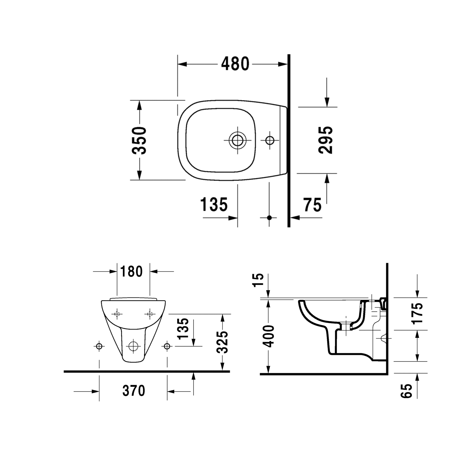 Duravit D Code Compact Wall Hung Bidet technical image