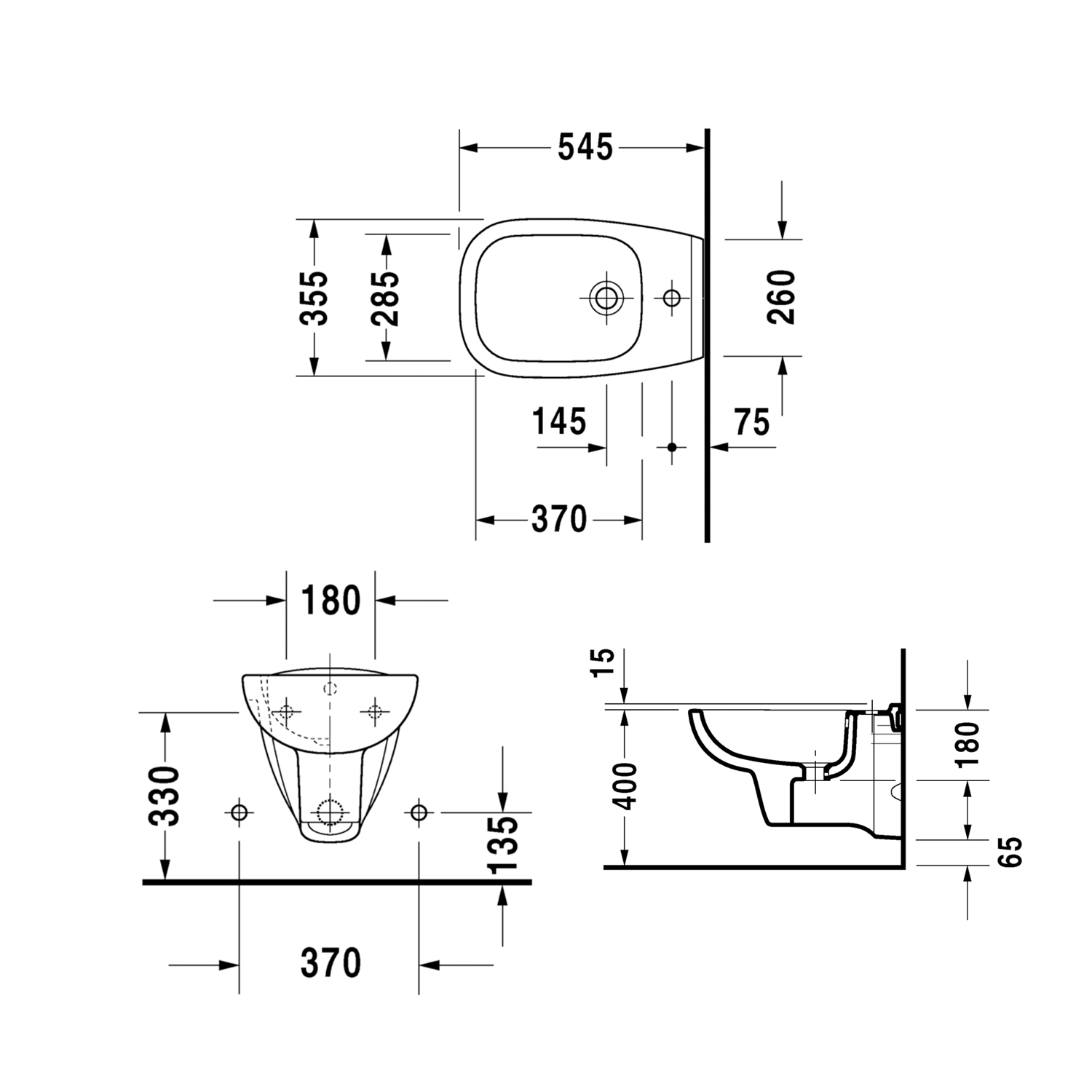 Duravit D Code Wall Hung Bidet Technical Image