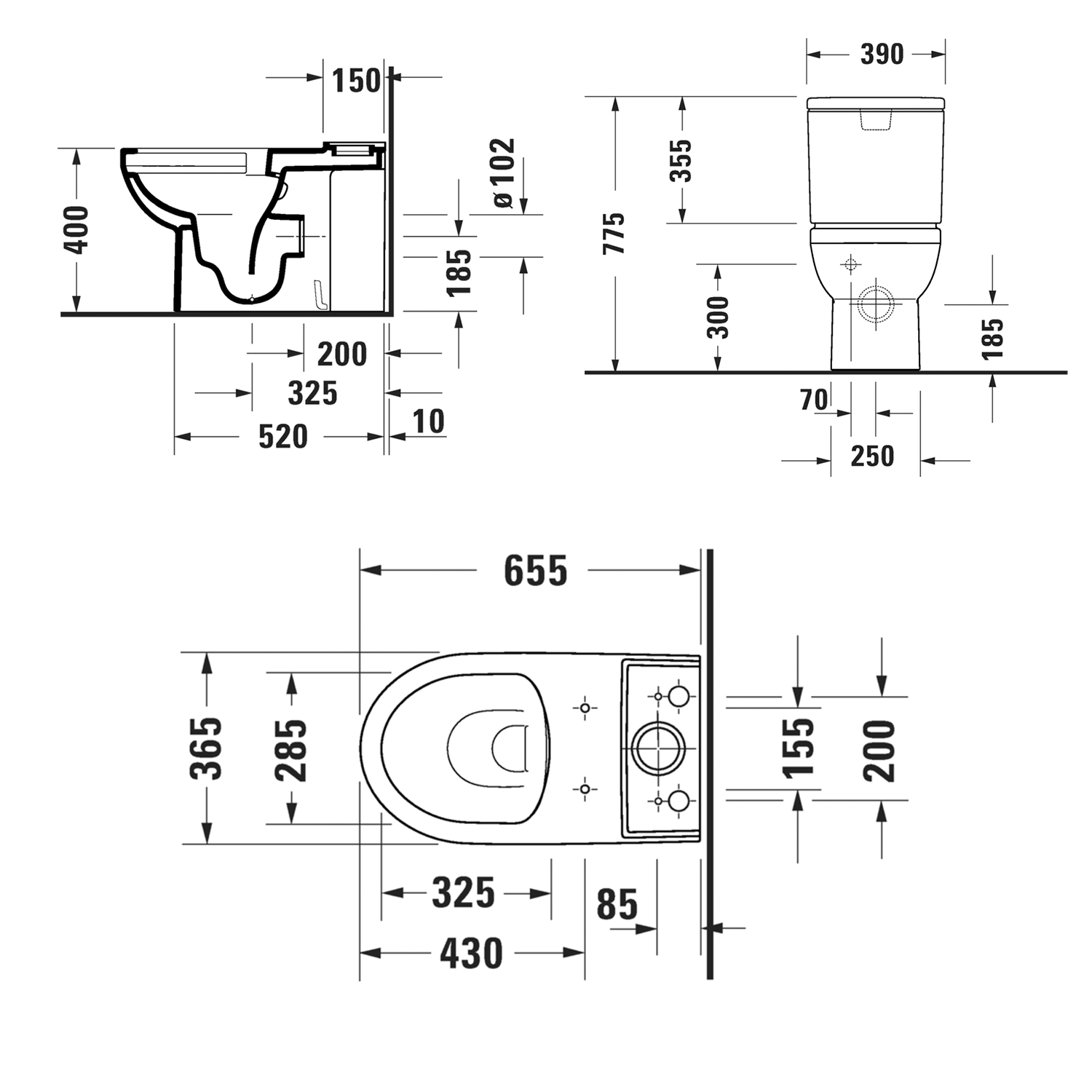 Duravit No.1 Complete Toilet, Close Coupled Technical Image