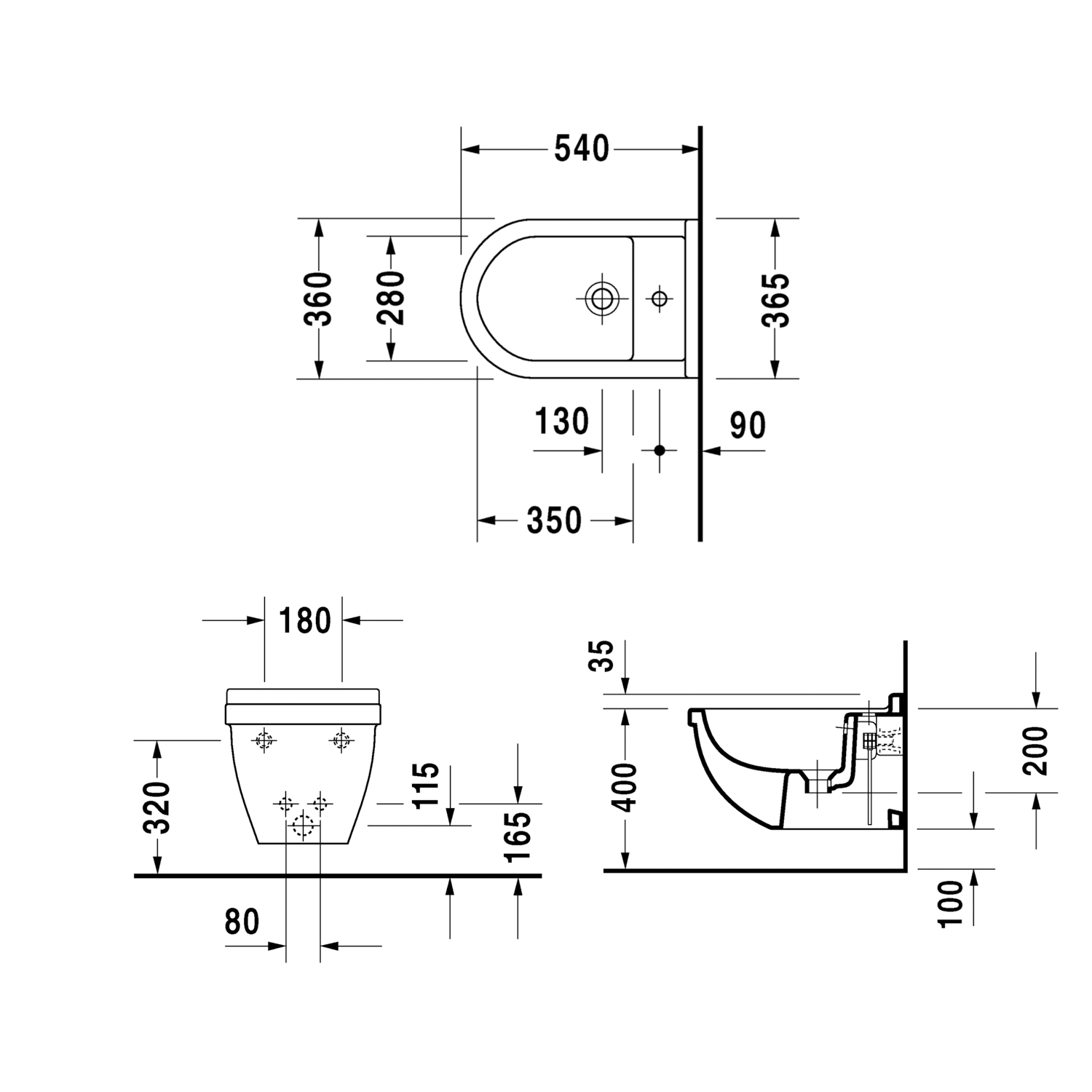 Duravit Starck 3 Wall Hung Bidet Technical Image