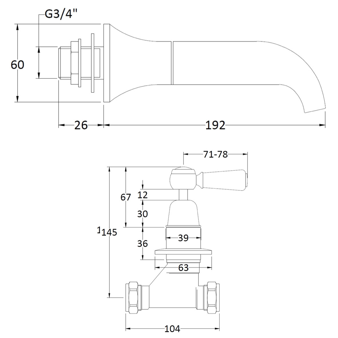 Bathwaters  BC Designs Victrion Crosshead 3 Hole Wall Bath Filler with Spout