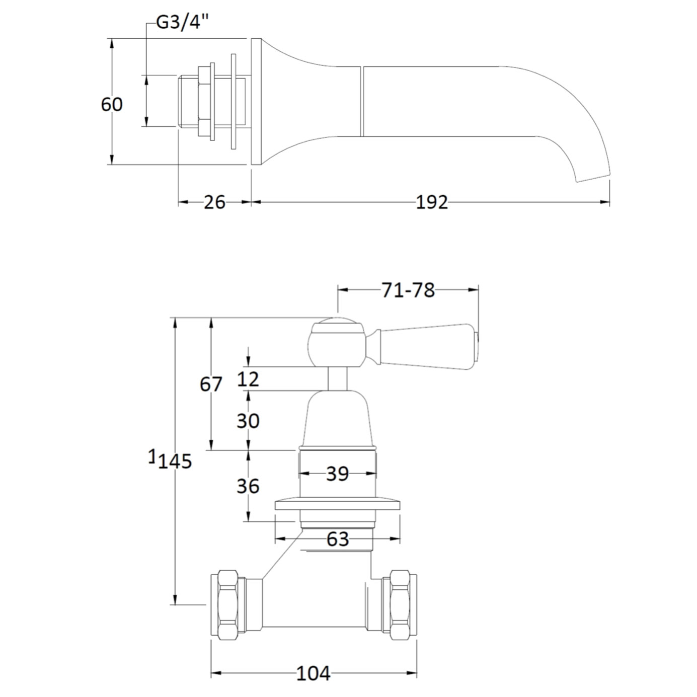 Bathwaters – Technical Victrion Lever 3 Hole Wall Mounted Bath Filler