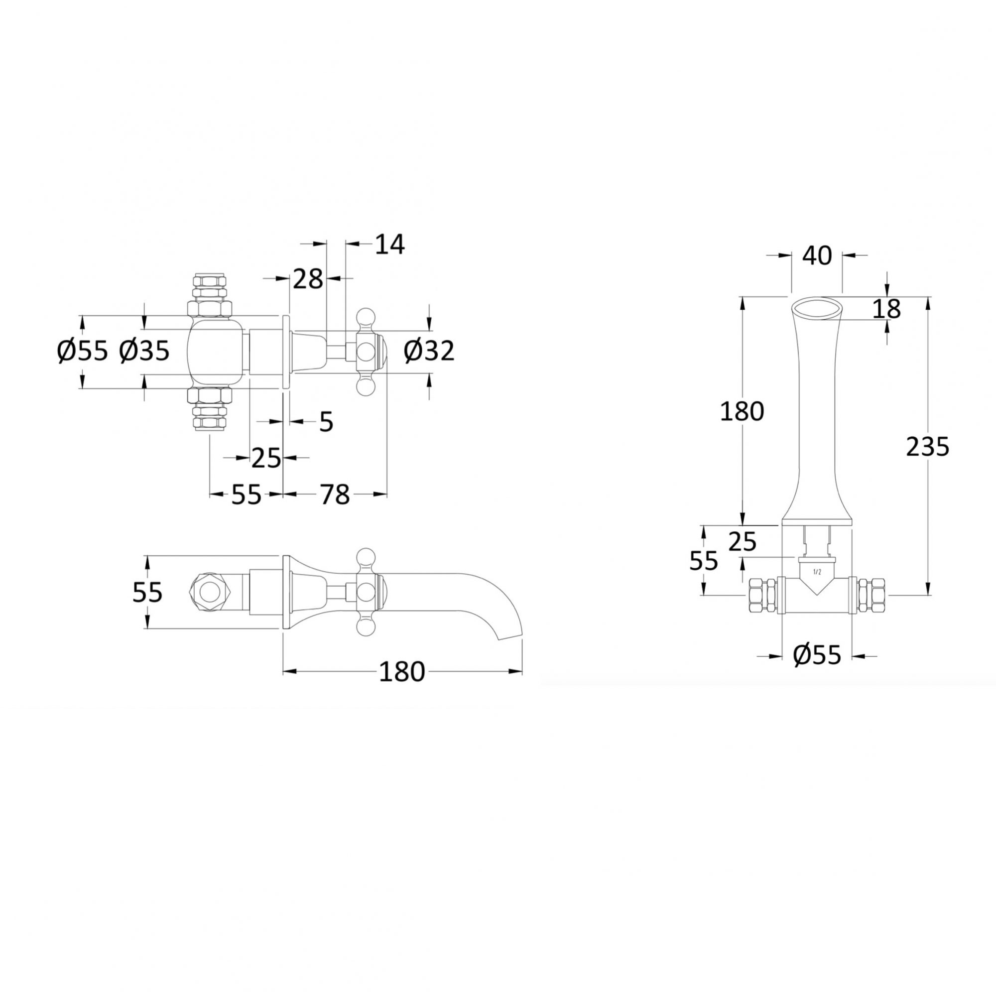 Victrion Crosshead 3 Hole Wall Mounted Basin Filler Technical Bathwaters