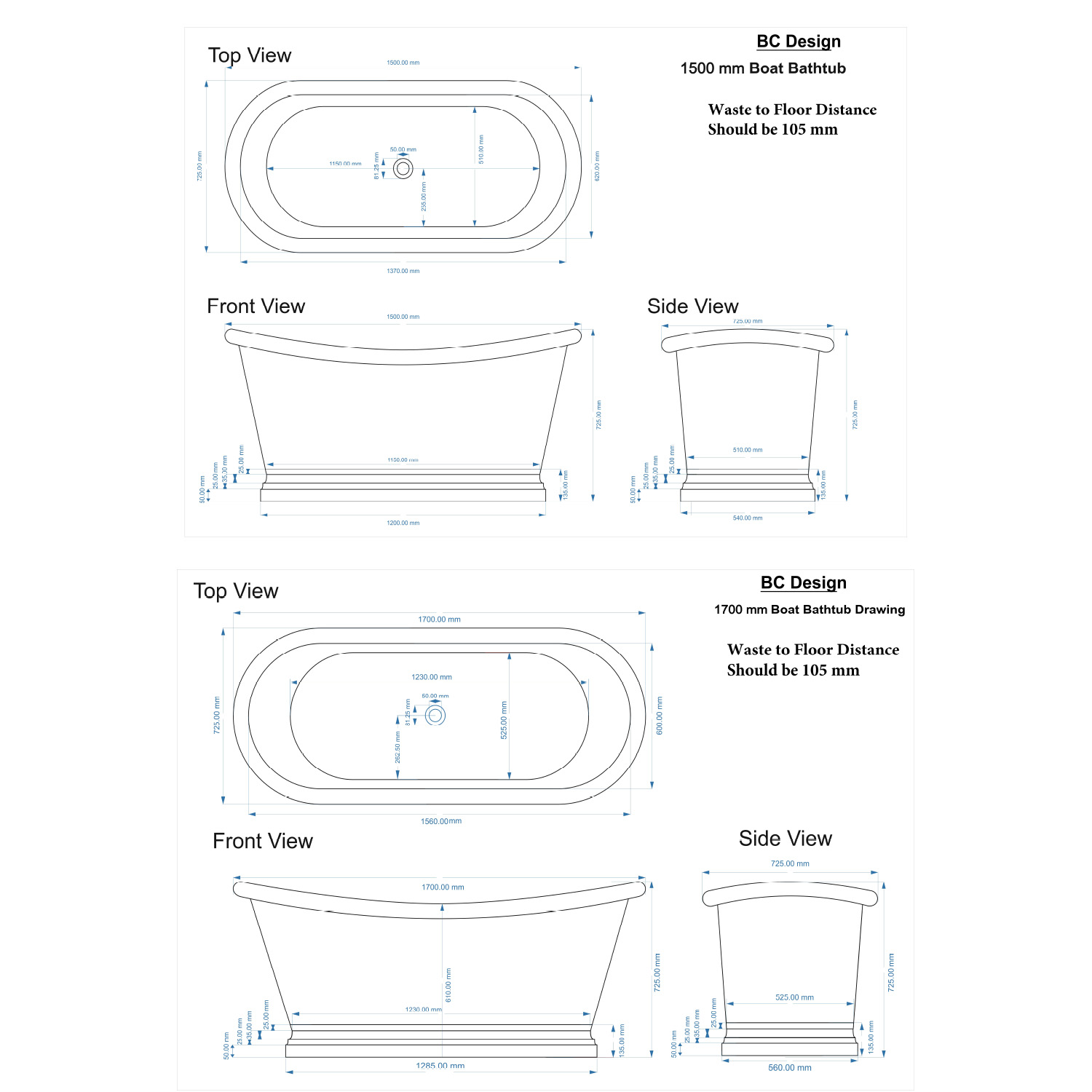 BC Designs Nickel Boat Bath 1500-1700mm