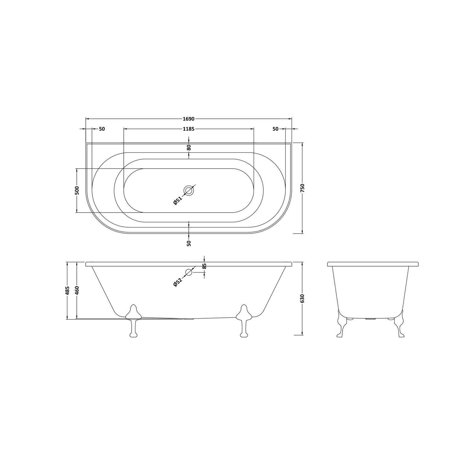 Bayswater Courtnell Back To Wall Bath 1700x750mm technical