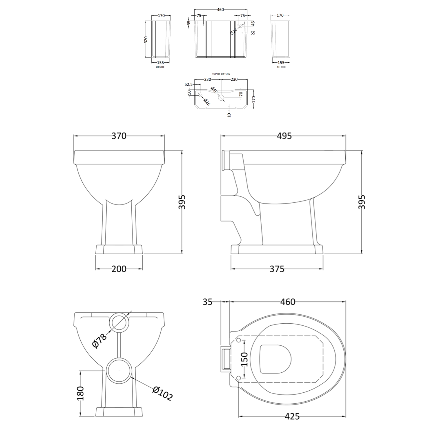 Bayswater Fitzroy Low Level Toilet - Dimensions