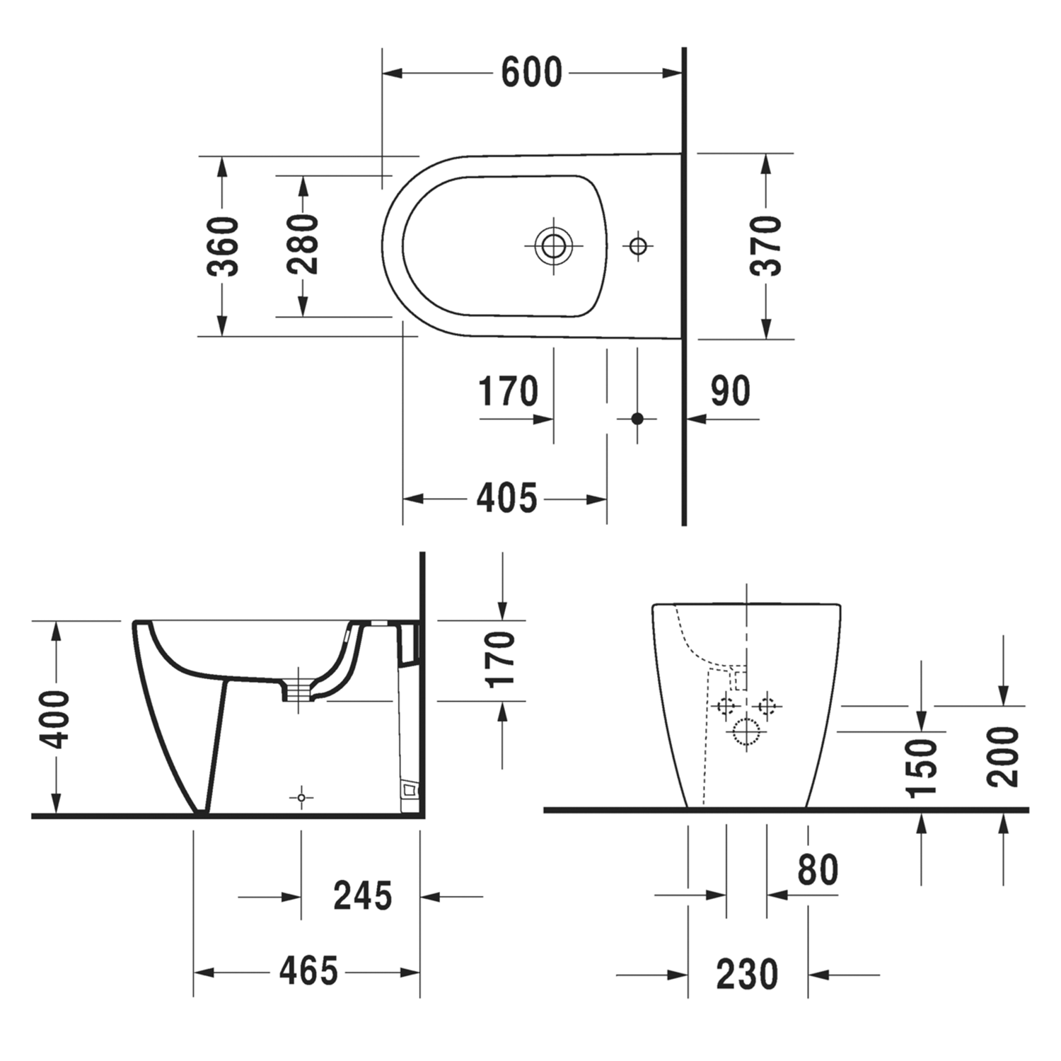 Duravit Me By Starck Floor Standing Bidet Technical image