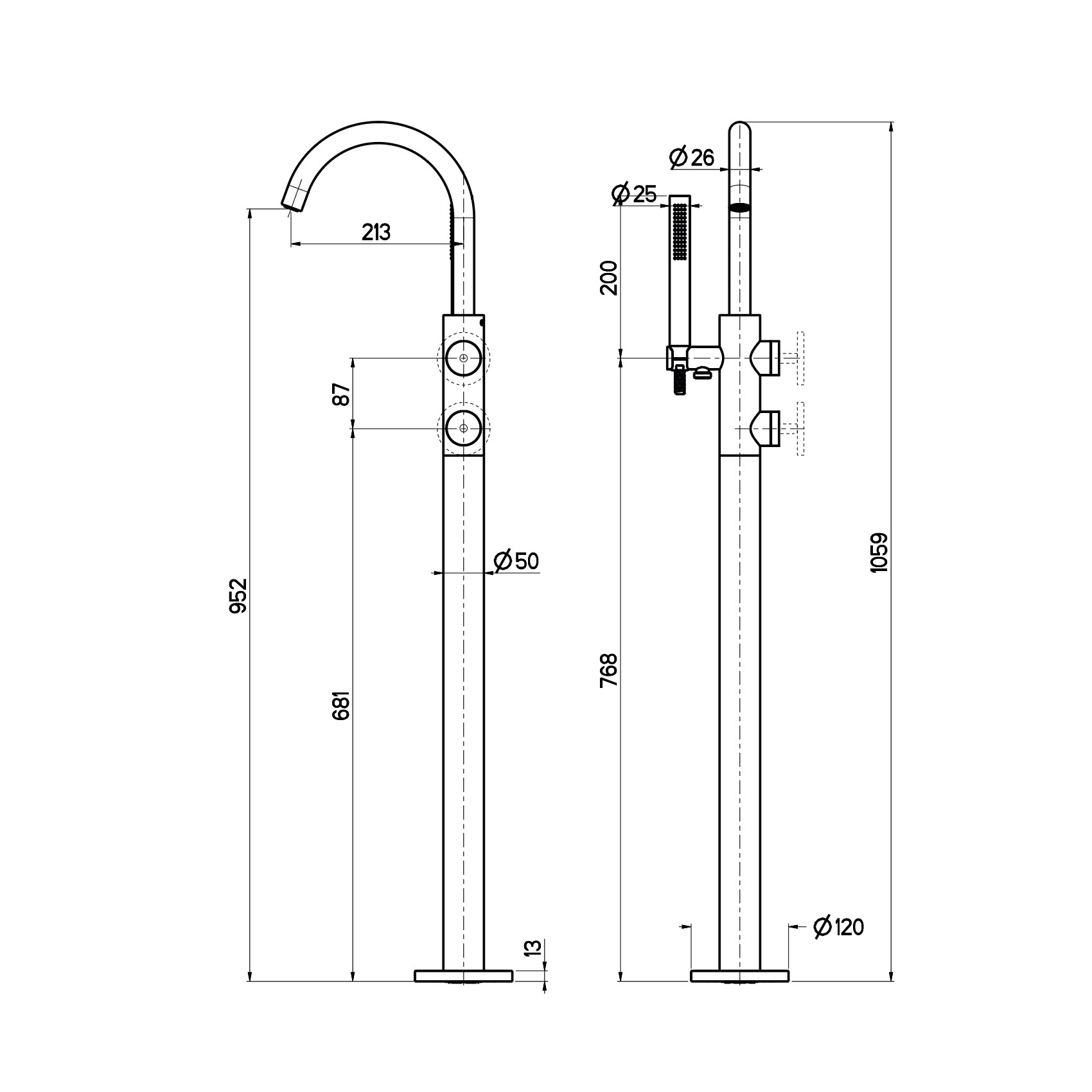 West One Bathrooms 5th Avenue Floor Standing Bath Shower Mixer Technical