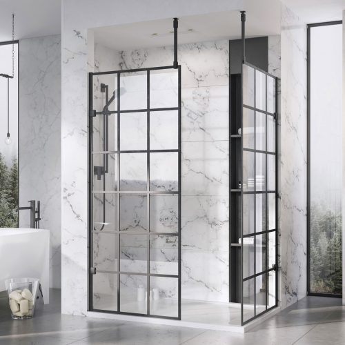 West One Bathrooms – Liberty Black Grid Wetroom panels with Ceiling brace kit Corner