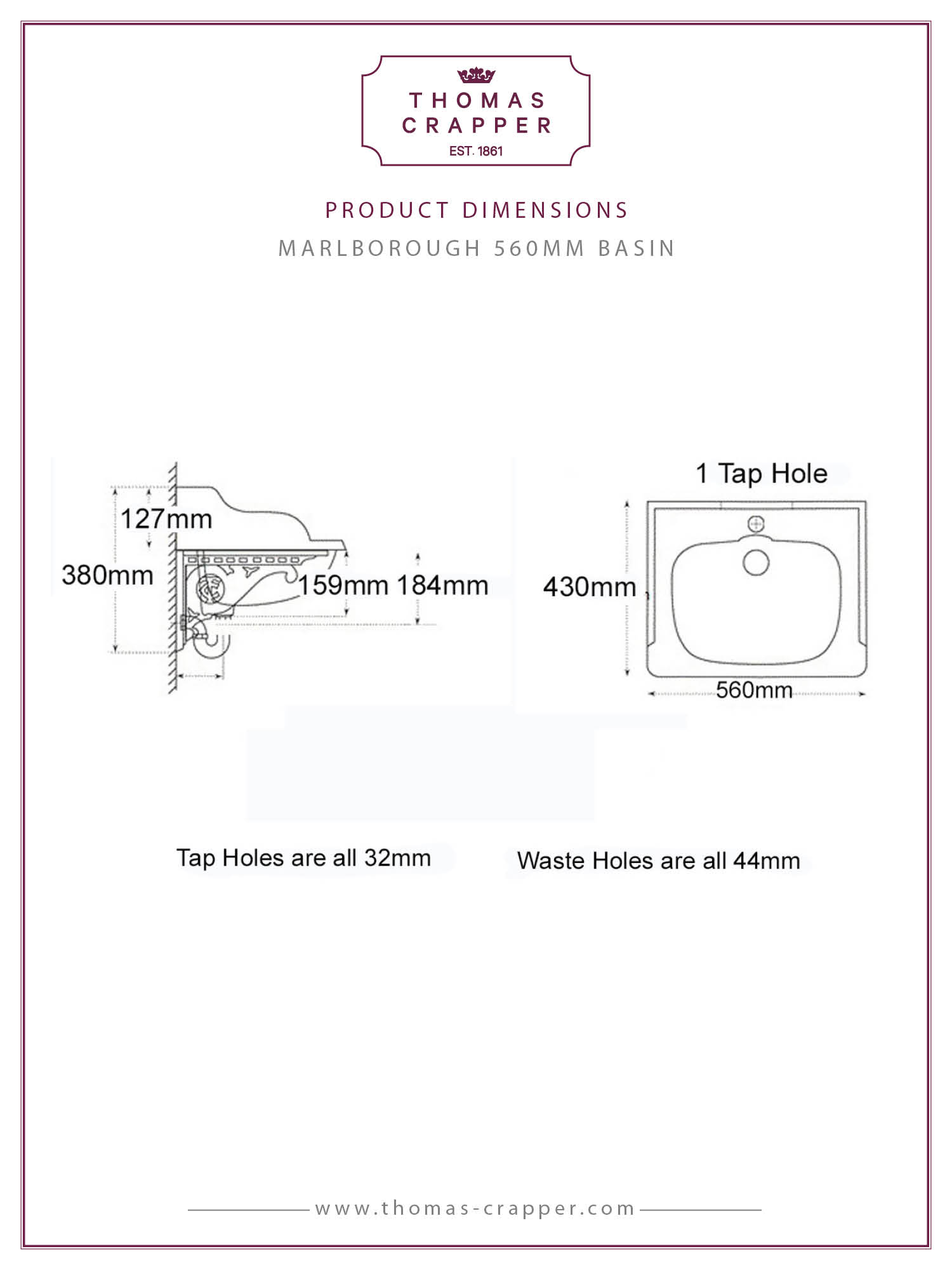 Dim 20408 1 tap hole 560mm