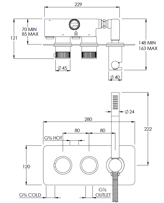 Decca 2 Outlet Shower Valve with Handshower Technical