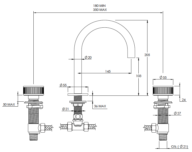 Decca 3 Hole Basin Mixer Round Spout Technical