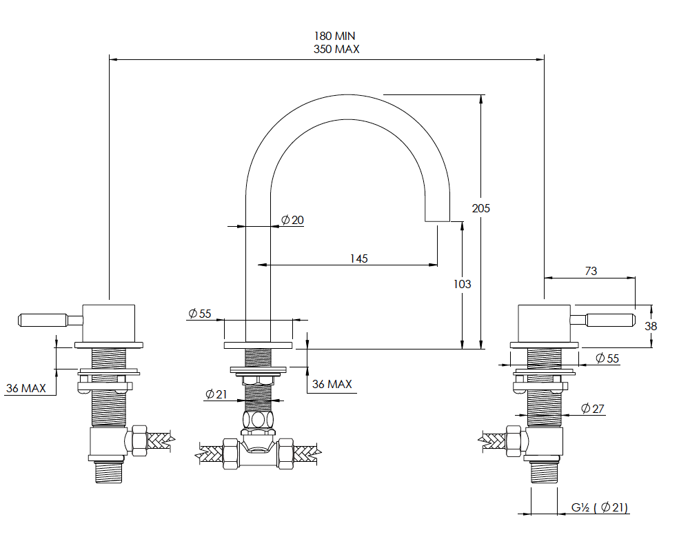 Domo 3 Hole Basin Mixer, Round Spout Technical