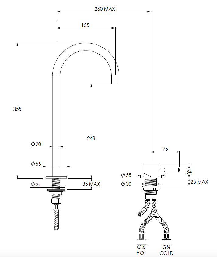 Domo Tall Deck Mounted 2 Hole Mixer Technical