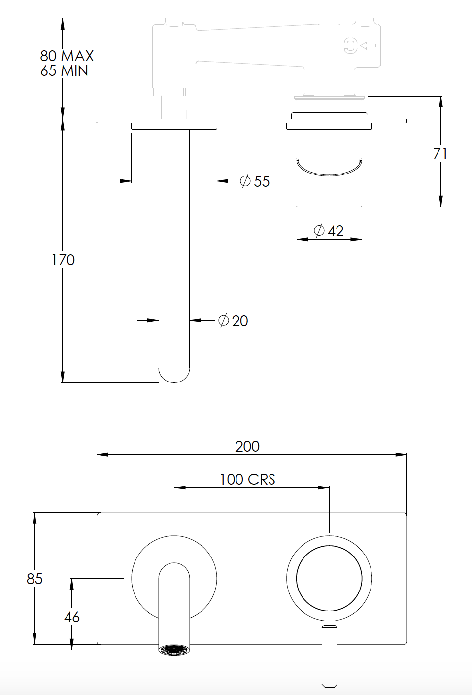 Domo Wall Mounted 2 hole mixer Technical