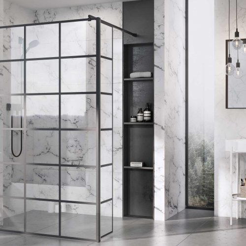 West One Bathooms Online – Liberty Black Grid panel with return