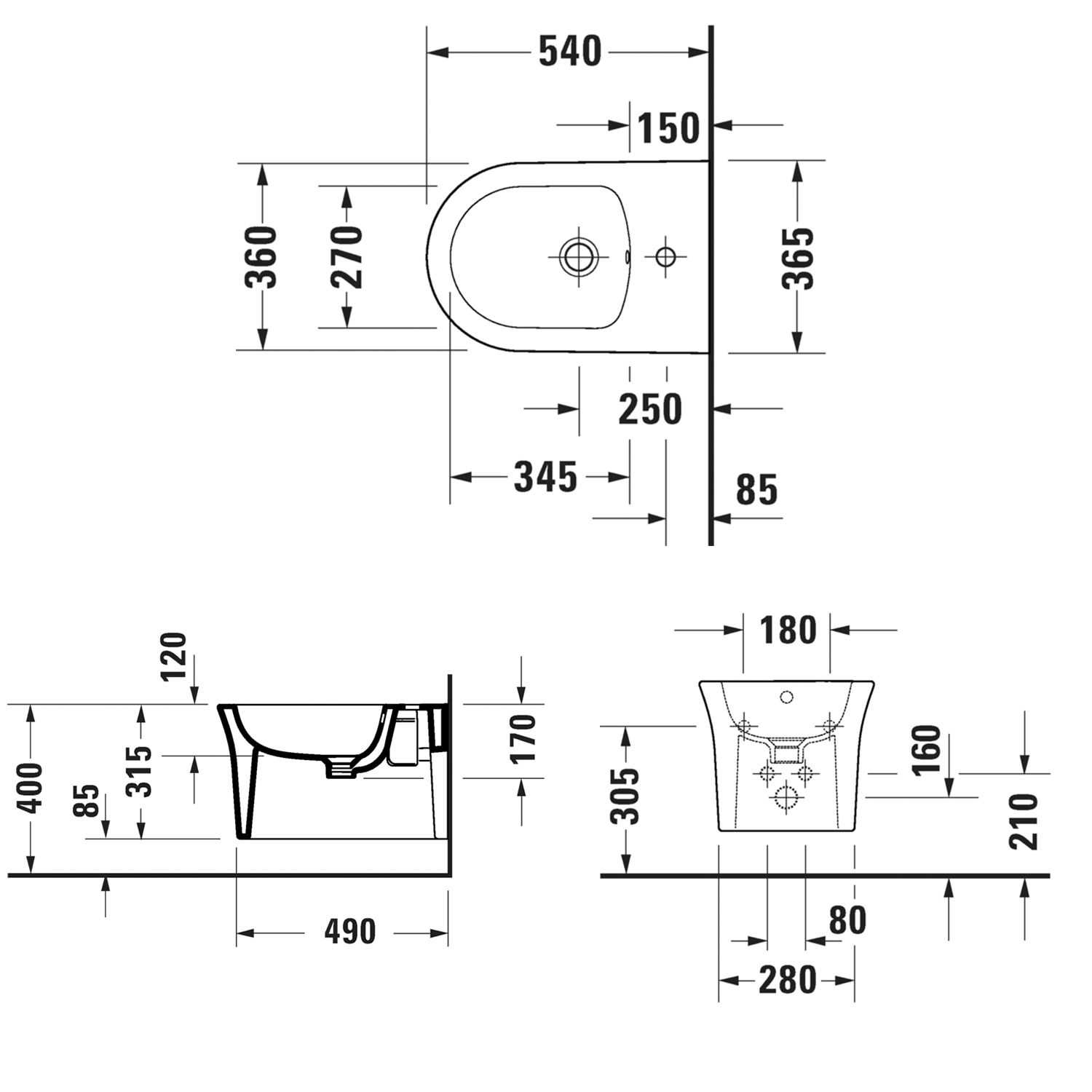 Duravit White Tulip Wall Hung Bidet Technical