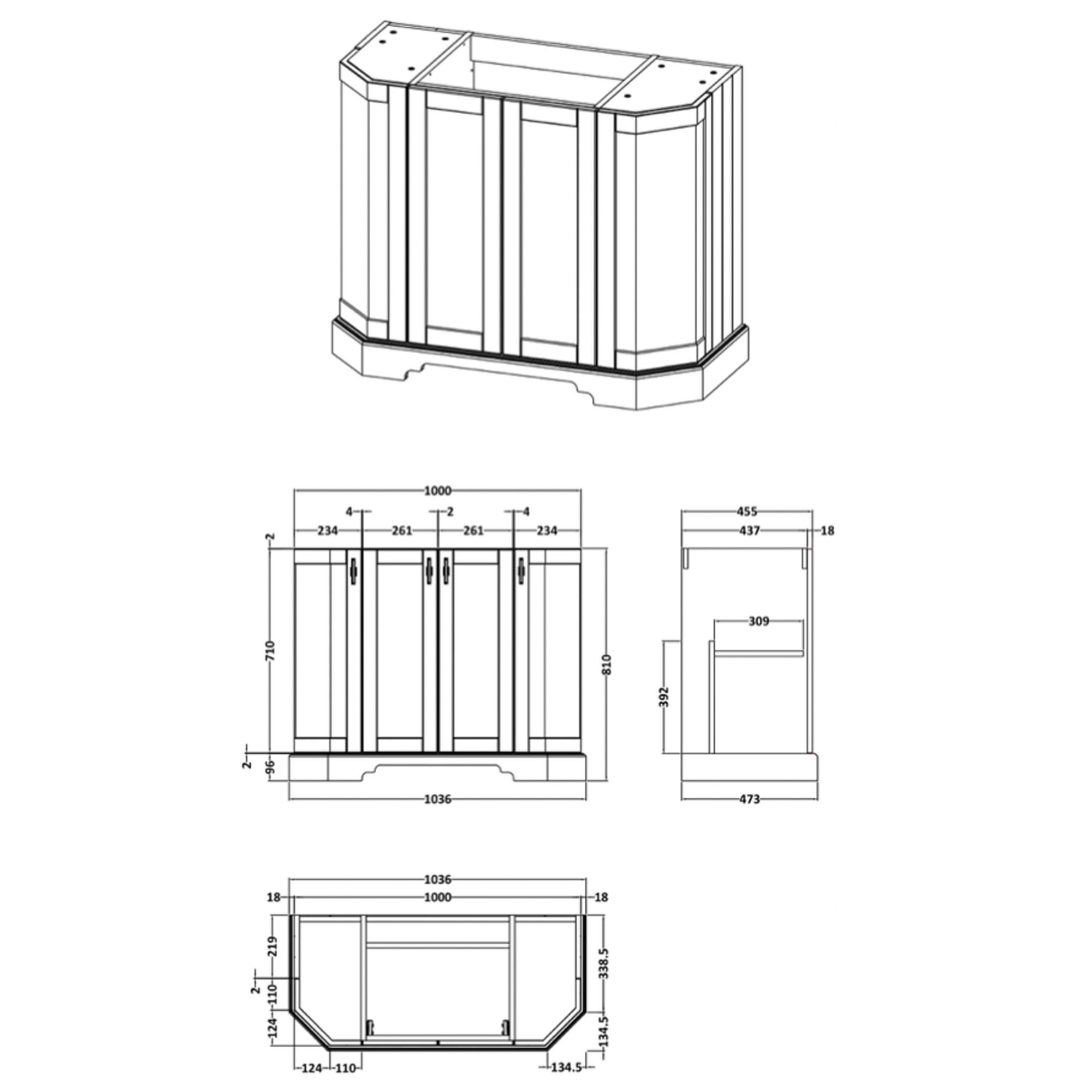 West One Bathrooms Online Victrion 1000 Angled 4 Door Basin Unit Technical