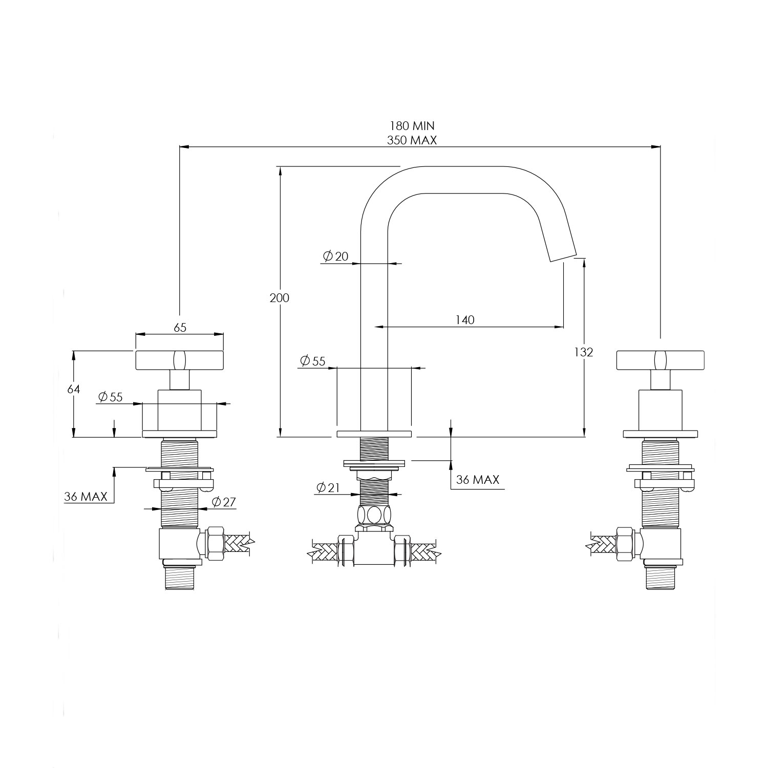 WOBO BA1005 Deck Mounted 3 Hole Basin Mixer With Angled Spout technical