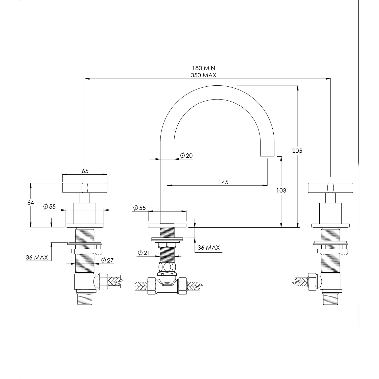 WOBO BA1006 Deck Mounted 3 Hole Basin Mixer With Round Spout technical