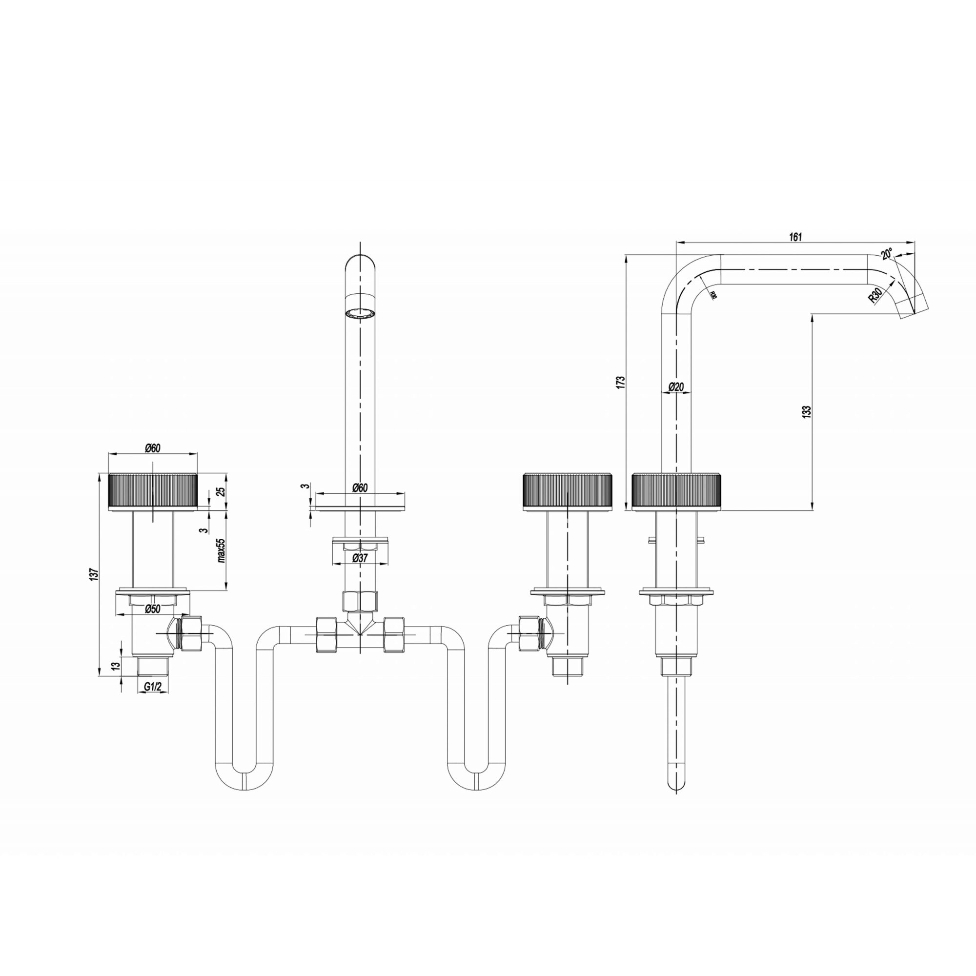 WOBO Crosswater 3ONE6 Three Hole Basin Mixer Technical