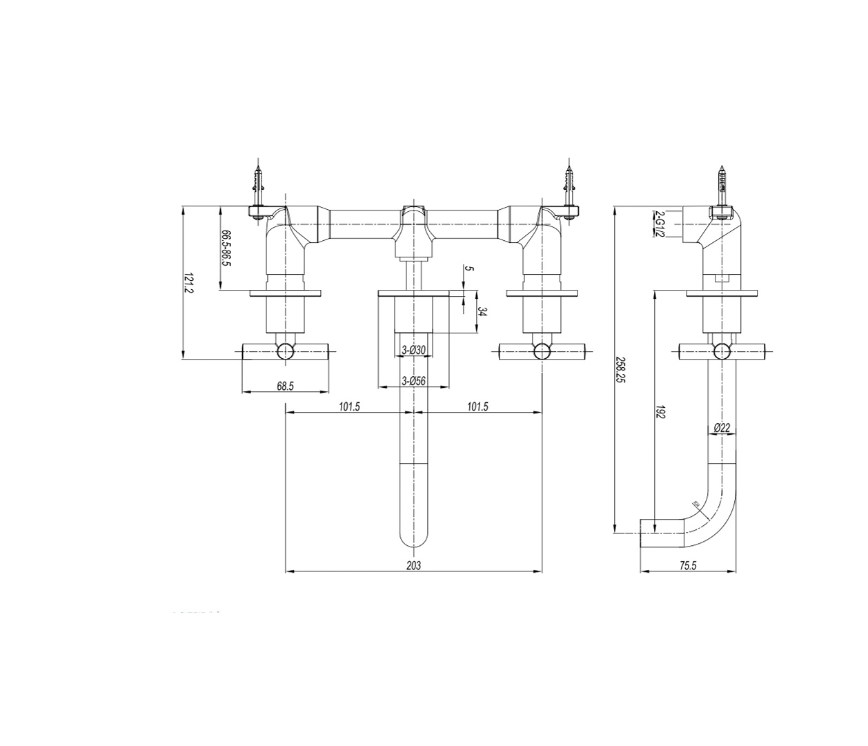 WOBO  MPRO 3 Hole Crosshead Basin Set Technical