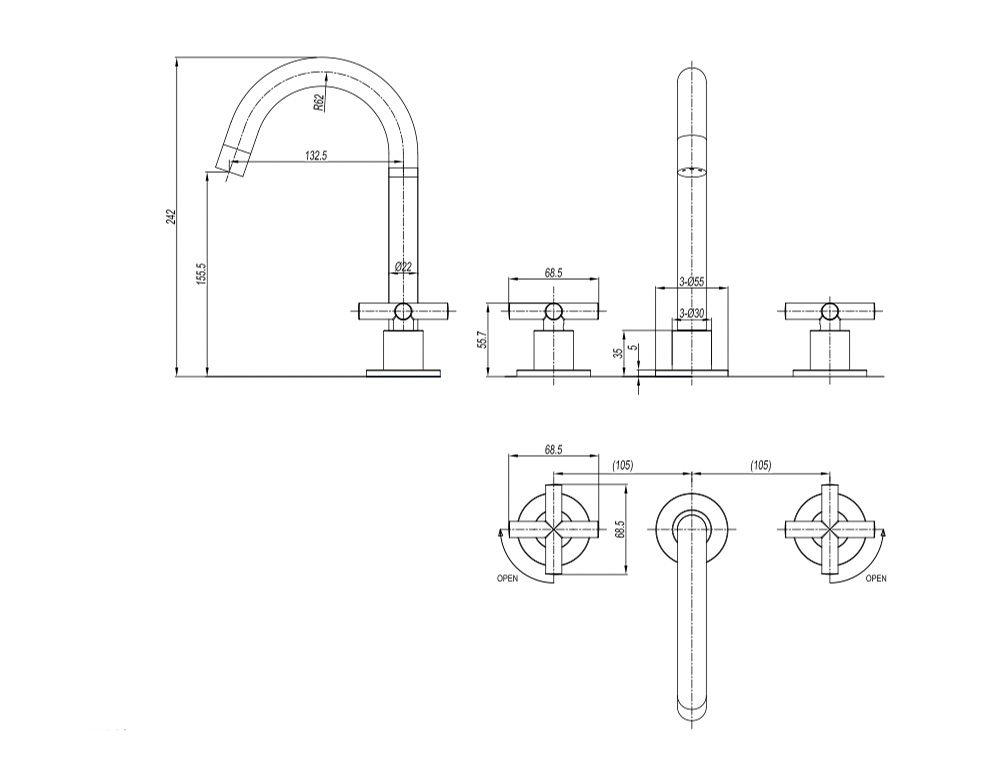 WOBO MPRO Crosshead Basin 3 Hole Set Technical