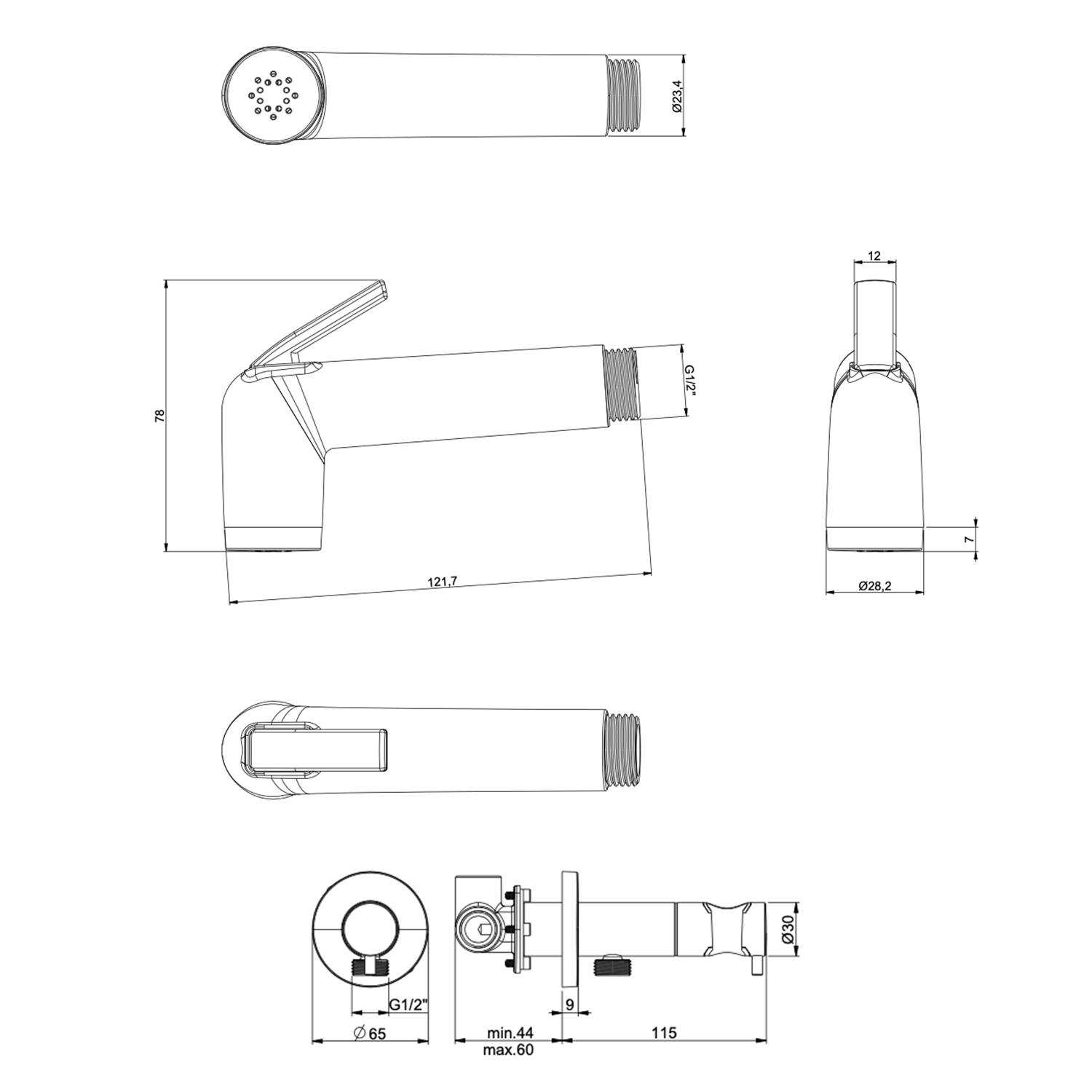 MPRO Integrated Douche Valve, Handset & Holder technical images