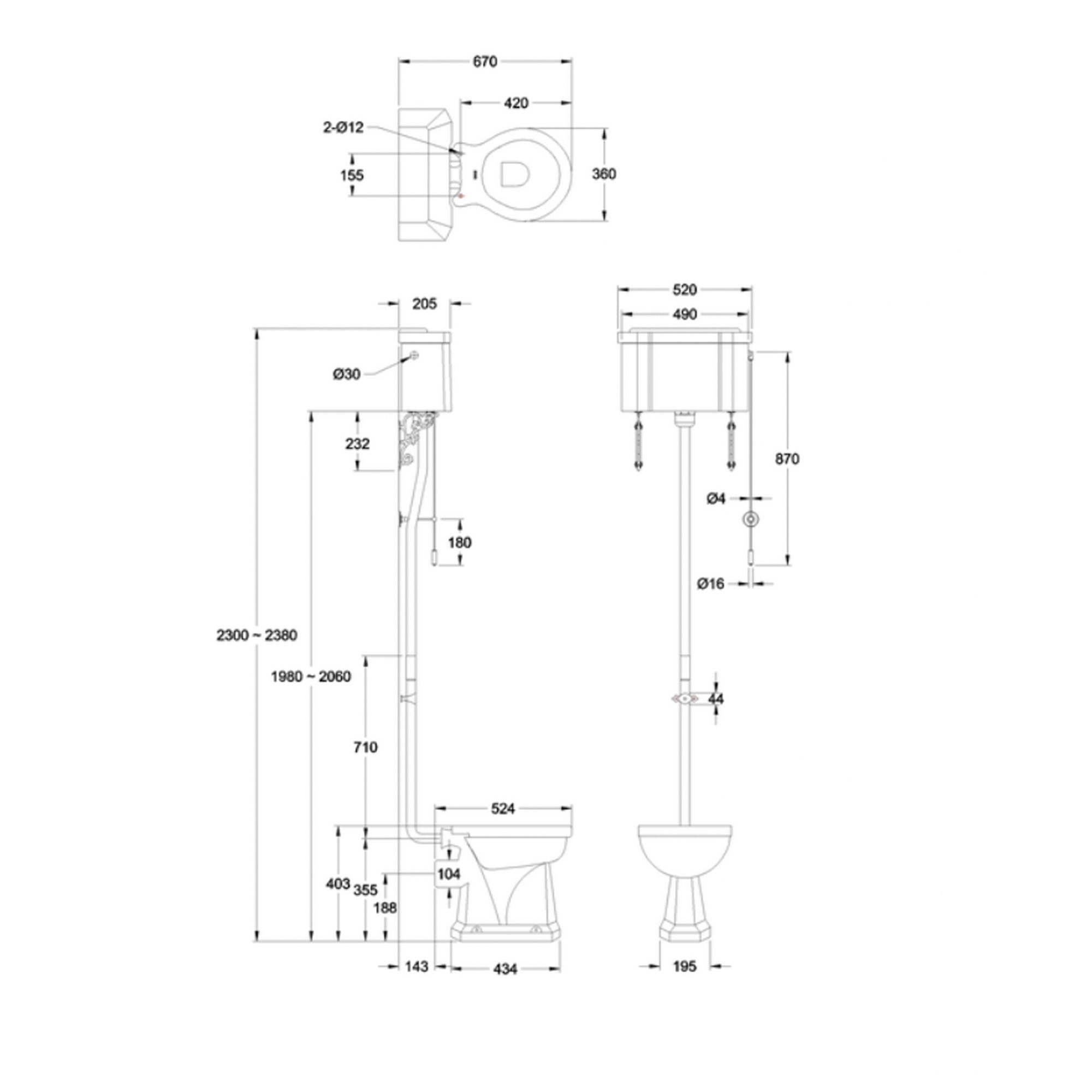 WOBO Burlington High Level WC with Dual Flush Ceramic Cistern & Soft Close Seat TECHNICAL