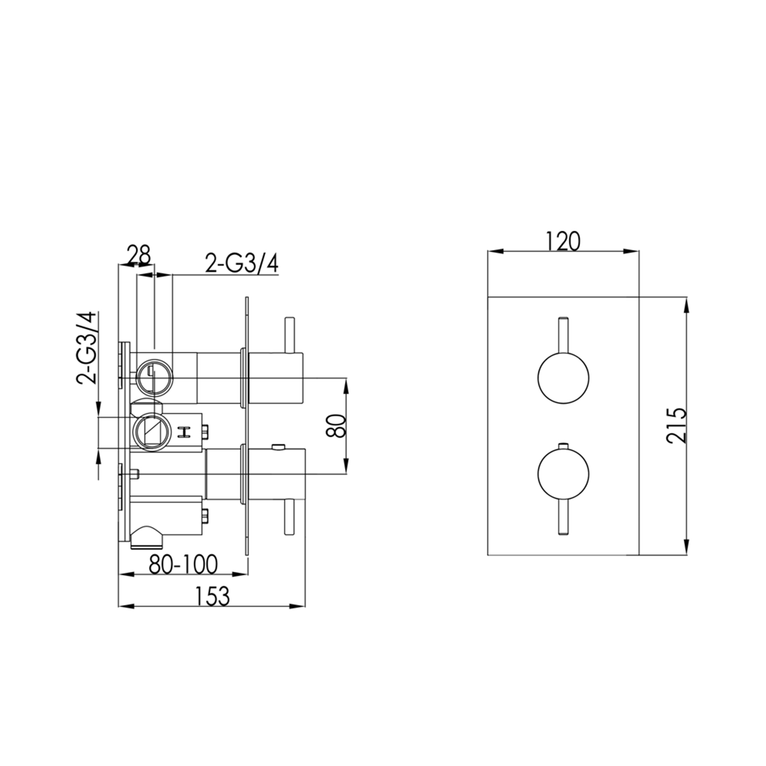 YOO 2 Outlet Thermostatic Shower Valve dimesions_