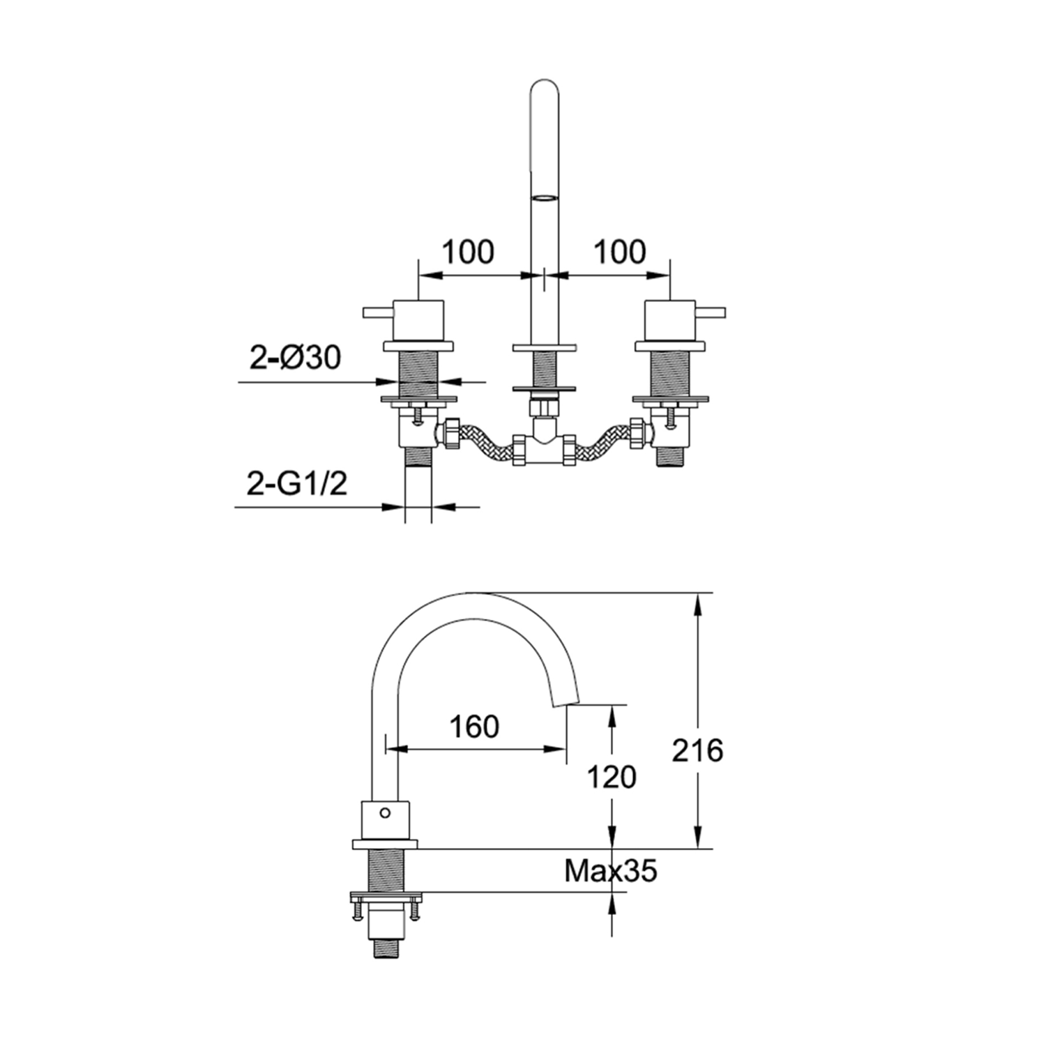 YOO 3 Hole Deck Mounted Basin Mixer, 160mm Technical Image