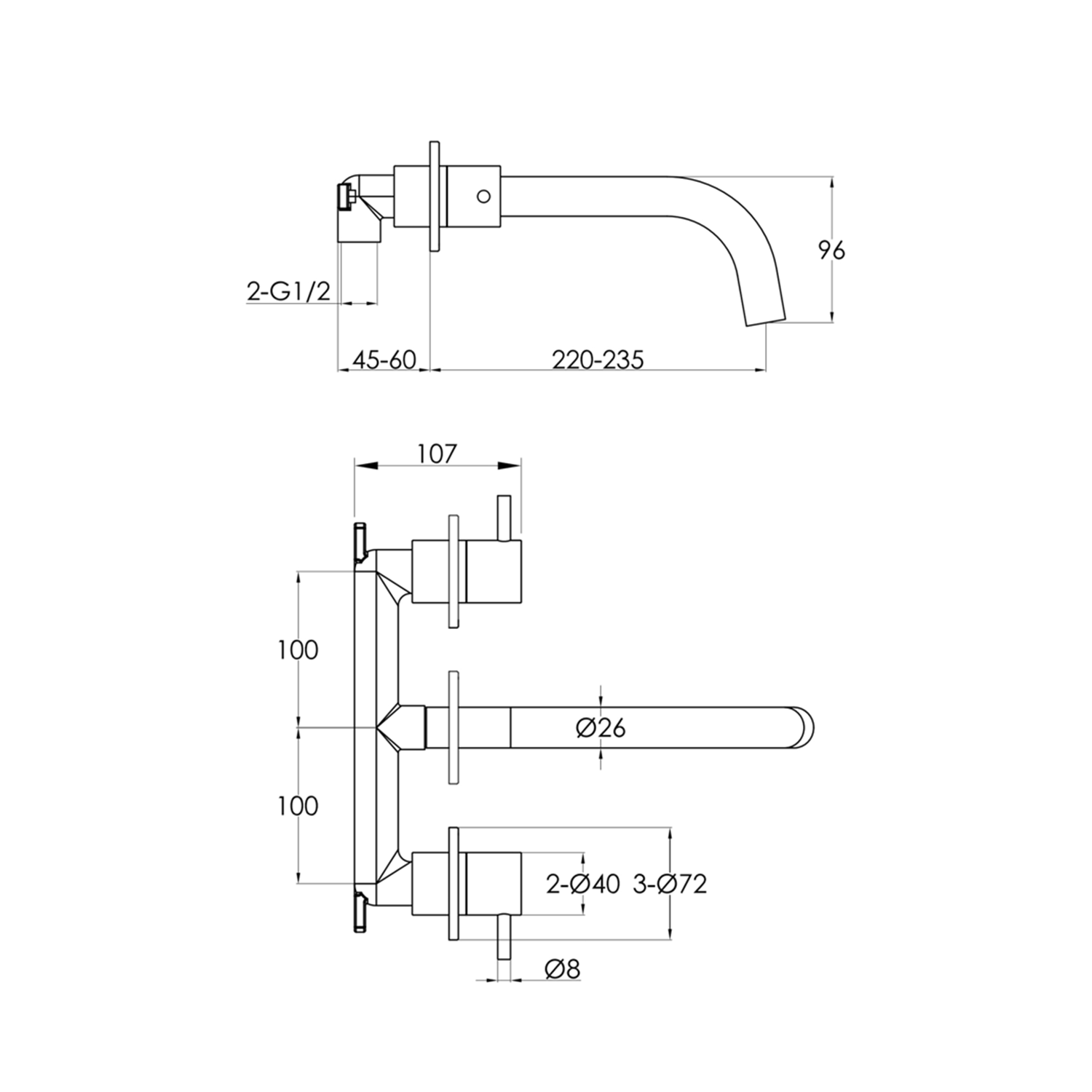 YOO 3 Hole Wall Mounted Basin Mixer, 200mm - technical