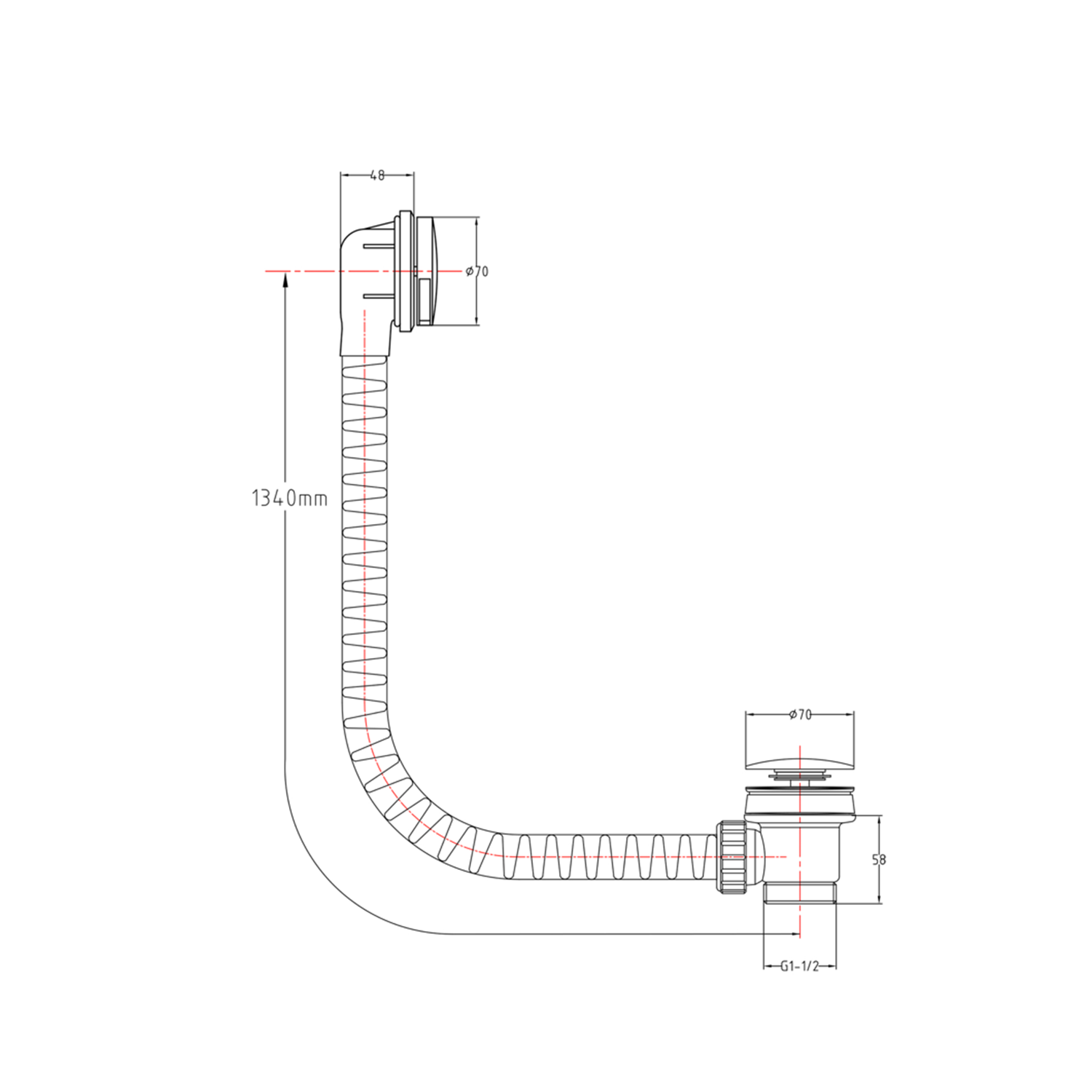 YOO Extended Overflow Bath Waste dimensions