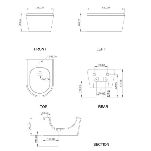 ODE wall hung bidet technical image