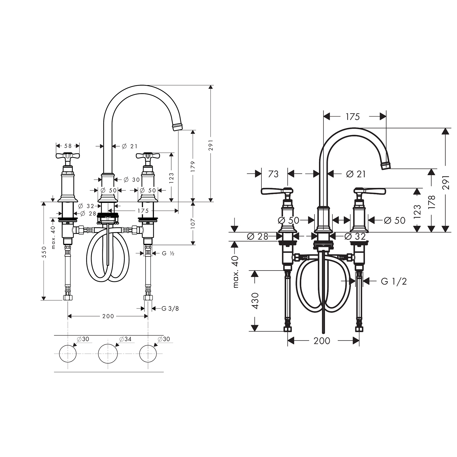 AXOR Montreux 3 hole basin mixer 180 with cross lever handles and pop up waste technical