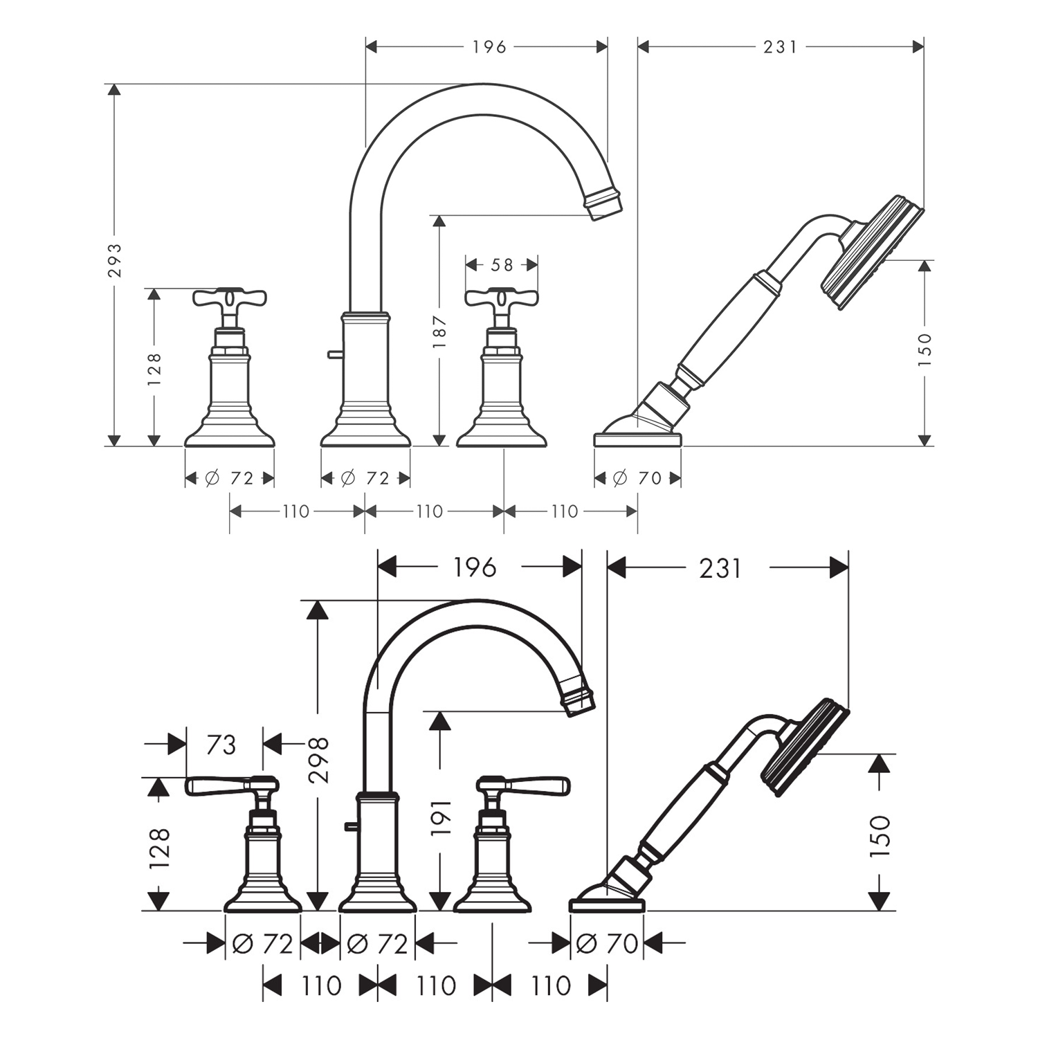 AXOR Montreux 4 hole rim mounted bath mixer with Secubox technical