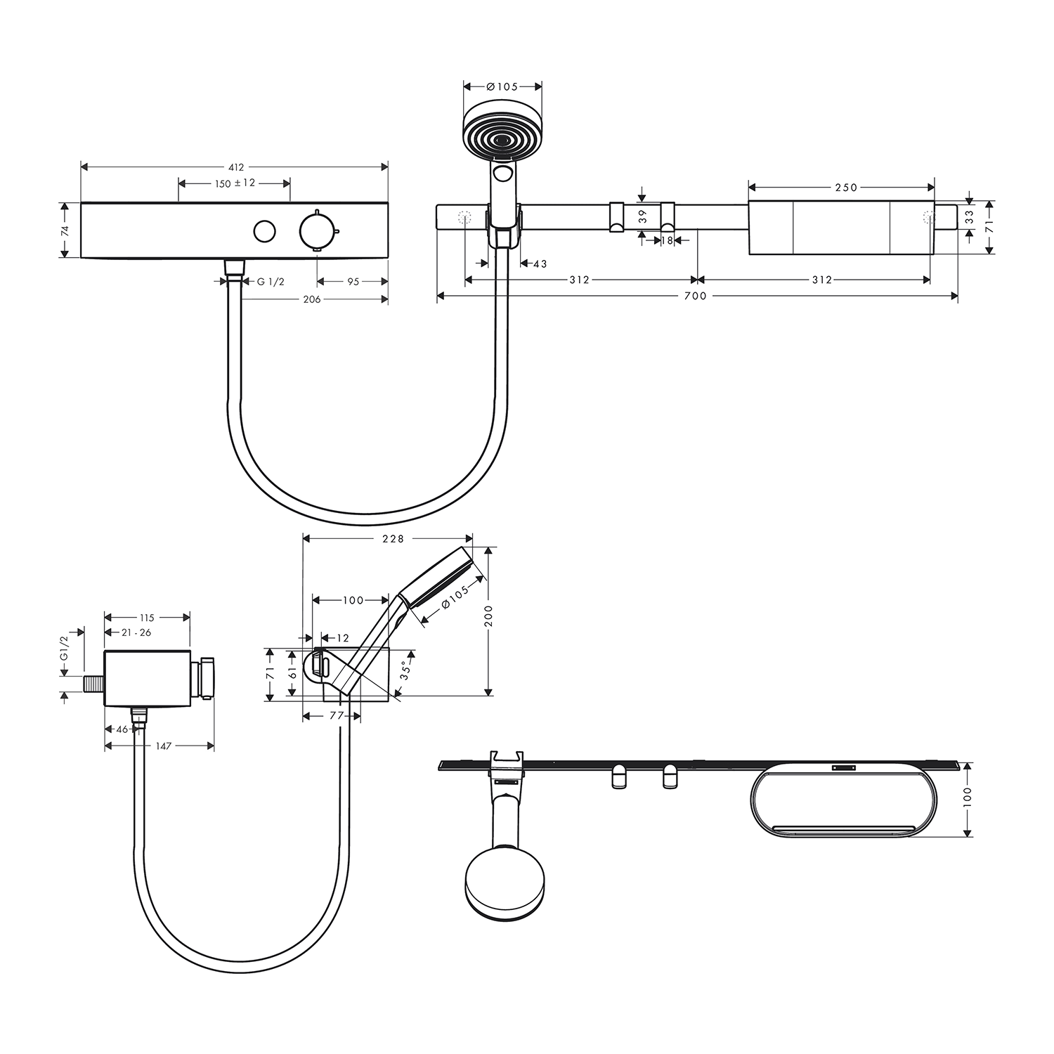 hansgrohe WallStoris Bundle hand shower 105 technical