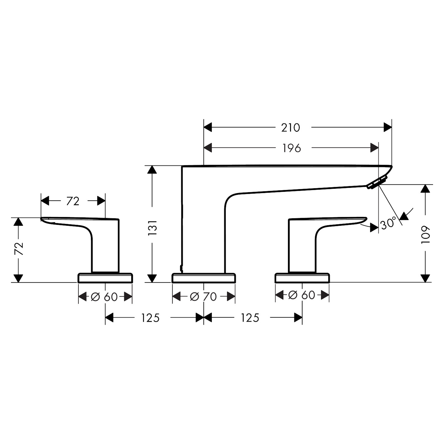 TalisE 3 hole rim mounted bath mixer technical